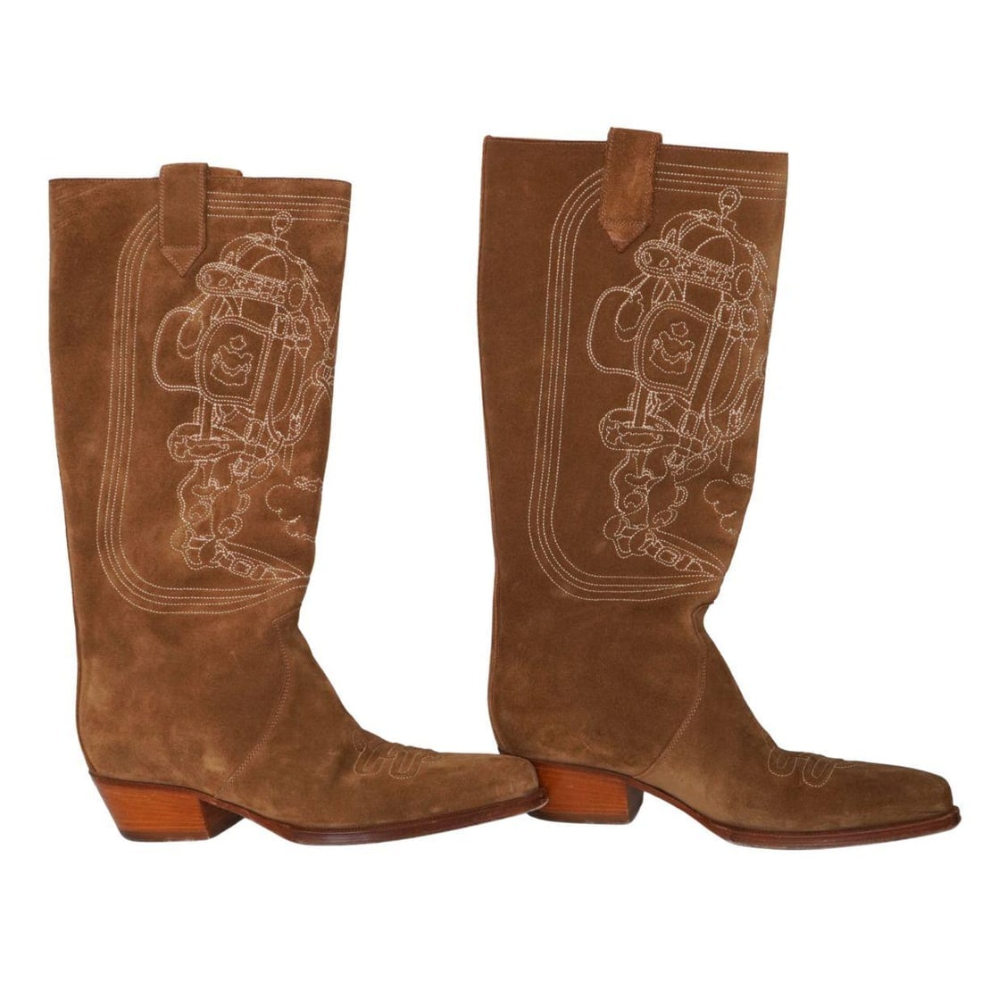 Hermès Brown Suede Calfskin Folk 35 Embroidered Cowboy Boots sz 38 - 2