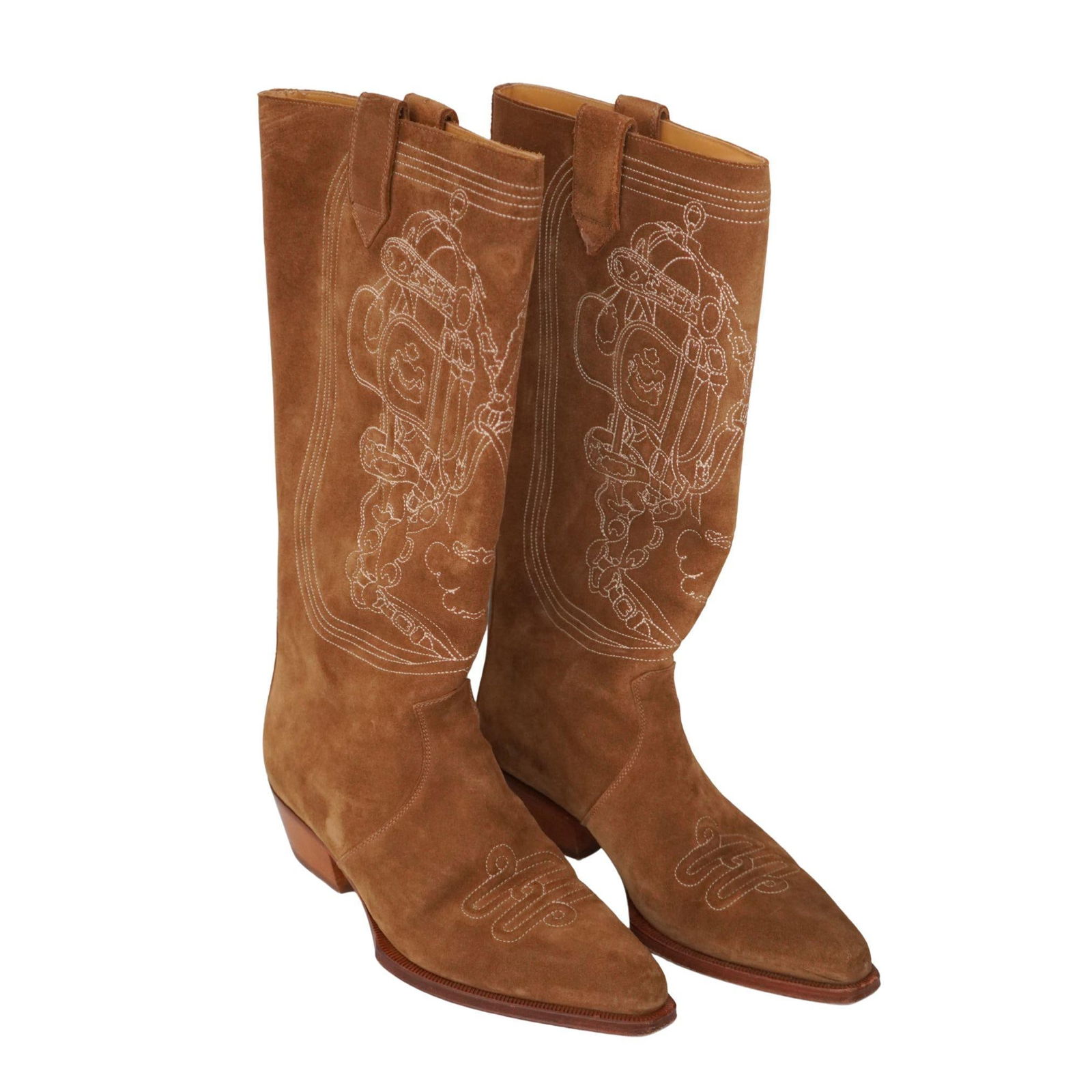 Hermès Brown Suede Calfskin Folk 35 Embroidered Cowboy Boots sz 38 - 8