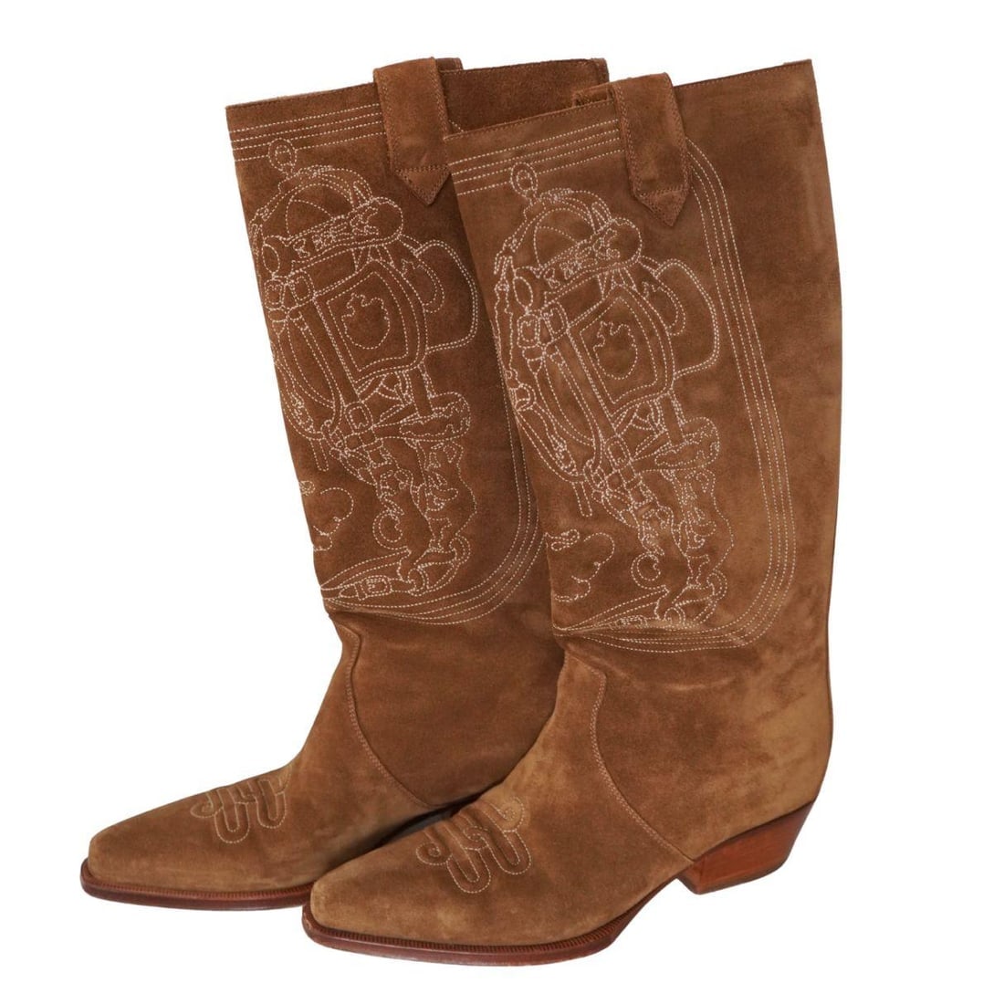 Hermès Brown Suede Calfskin Folk 35 Embroidered Cowboy Boots sz 38 - 9