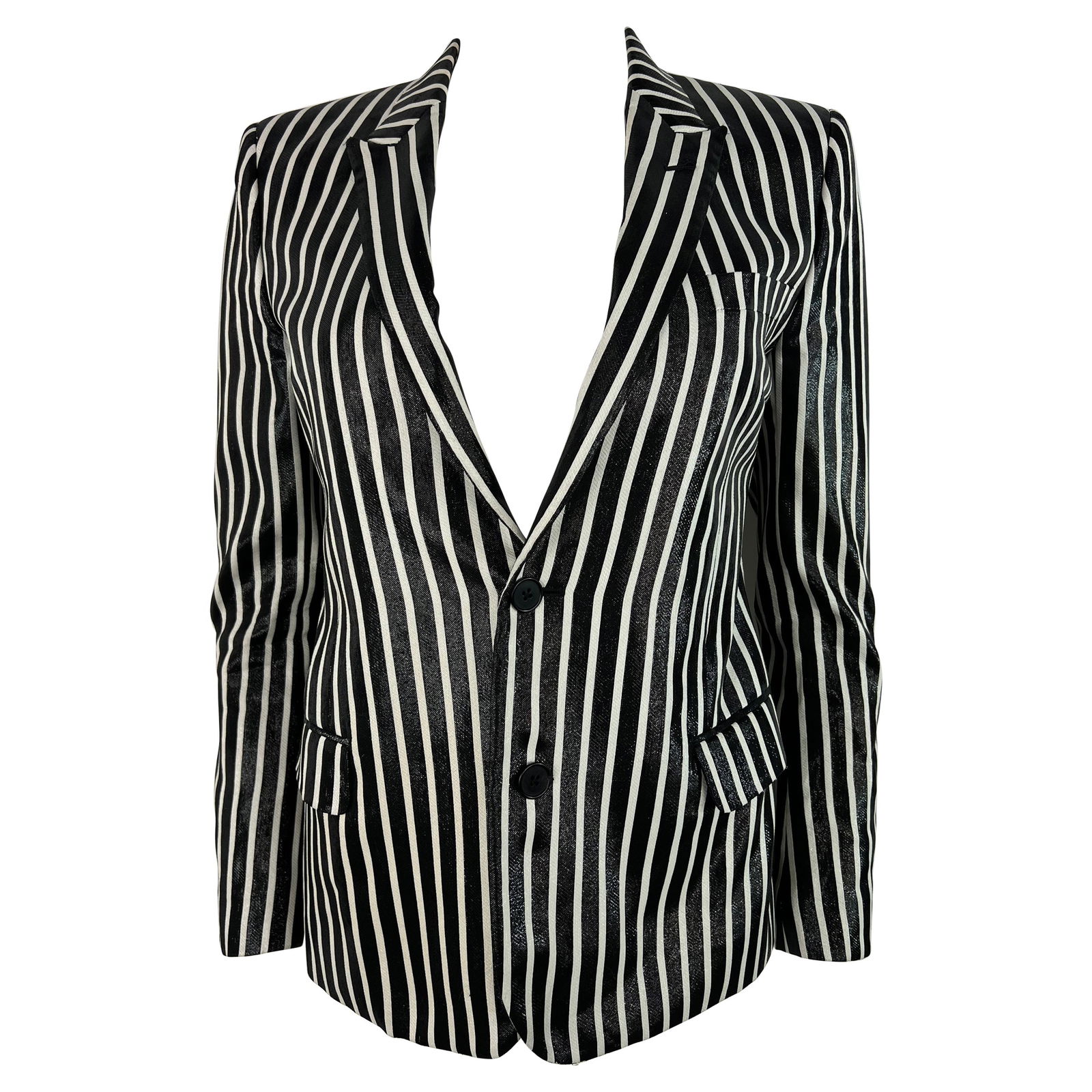 Saint Laurent Black and White Blazer, Size 42: Product details: The blazer features black and white striped pattern with front button closure and pocket on each side. Reserve: $760.00 Shipping:Domestic: Flat-rate of $85.99 to anywhere