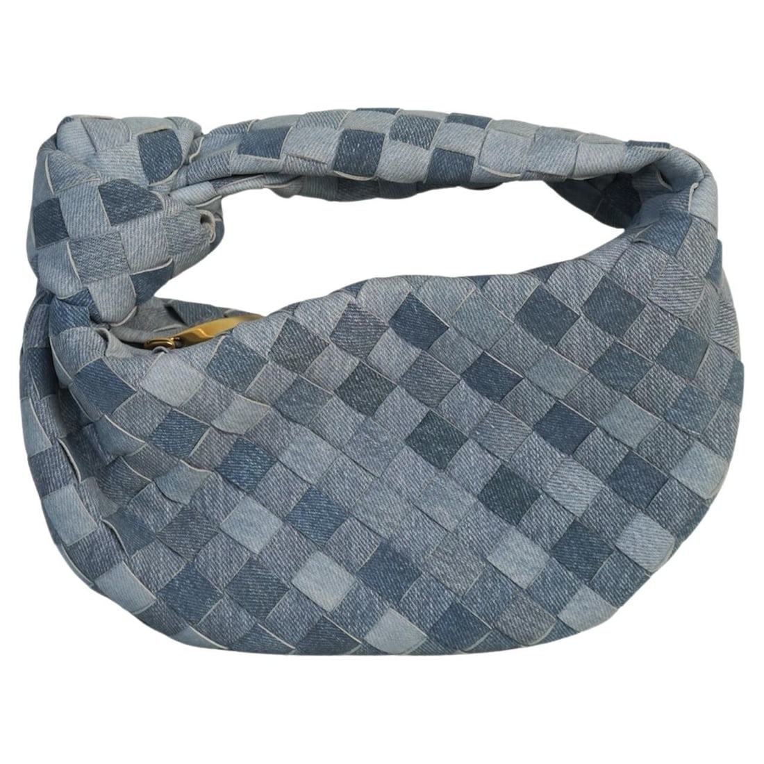 Bottega Veneta Mini Jodie Nappa Denim Effect Intrecciato: Great condition, no signs of wear Gold hardware zip Comes with dust bag and box Length: 10” Handle Drop: 2” Height of pouch 5.5” Total Height: 8" Reserve: $4,400.00 Shipping: Domesti