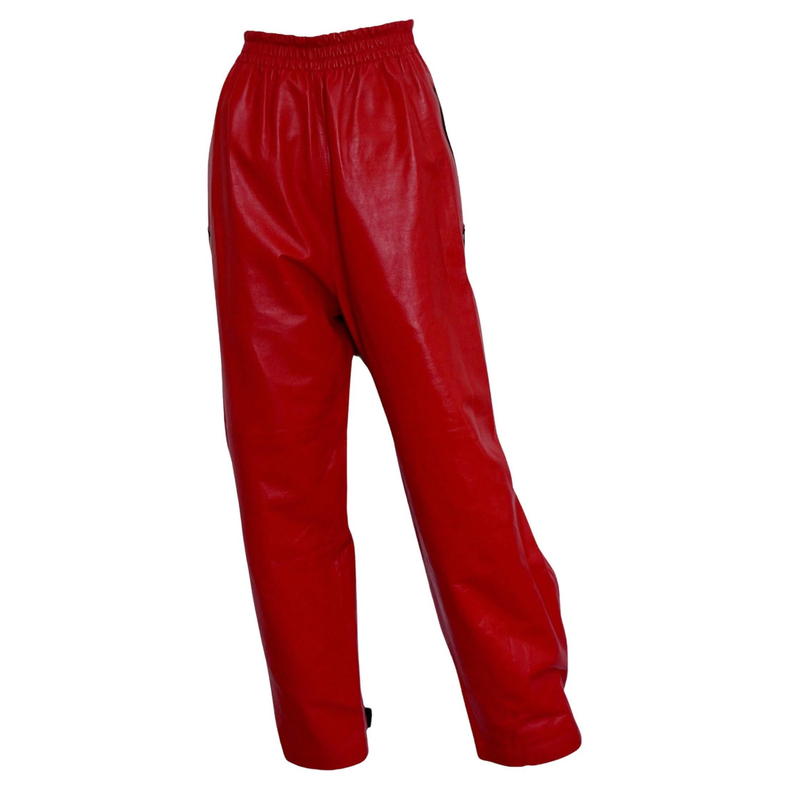 Bottega Veneta Red Leather Pants, Size S: NEW Bottega Veneta red leather pants. Pair these loose fitting Italian made pants with a form fitting top to complete your look. Product details • Shiny leather pants • Elasticated waistba
