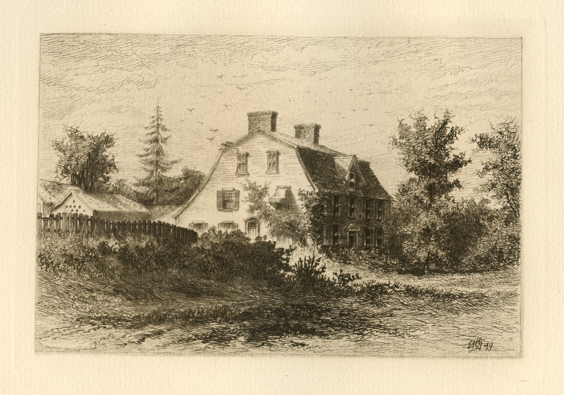 Edmund Henry Garrett original etching "Home of Nathaniel Hawthorne": Title: Edmund Henry Garrett original etching "Home of Nathaniel Hawthorne" Description: Medium: original etching. This impression was published in Boston in 1887 by Estes and Lauriat for the "Nature