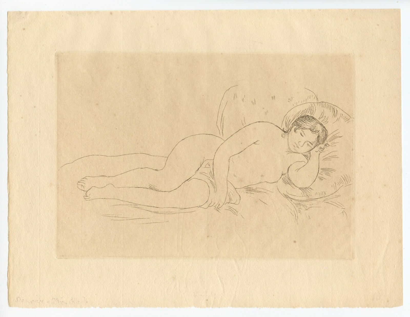 Pierre-Auguste Renoir "Femme nue couchee - tournee a droite" original etching: Title: Pierre-Auguste Renoir "Femme nue couchee - tournee a droite" original etching Description: Medium: original etching. Printed in 1909 for Theodore Duret's "Die Impressionisten" and published in