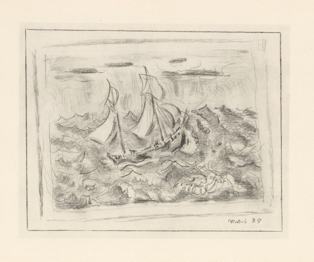 John Marin "Sea and Boat": Title: John Marin "Sea and Boat" Description: Medium: collotype (after the drawing). Printed in 1950 in a limited edition of 125 on Johannot wove paper. Sheet size: 10 x 12 1/2 inches (250 x 323 mm).