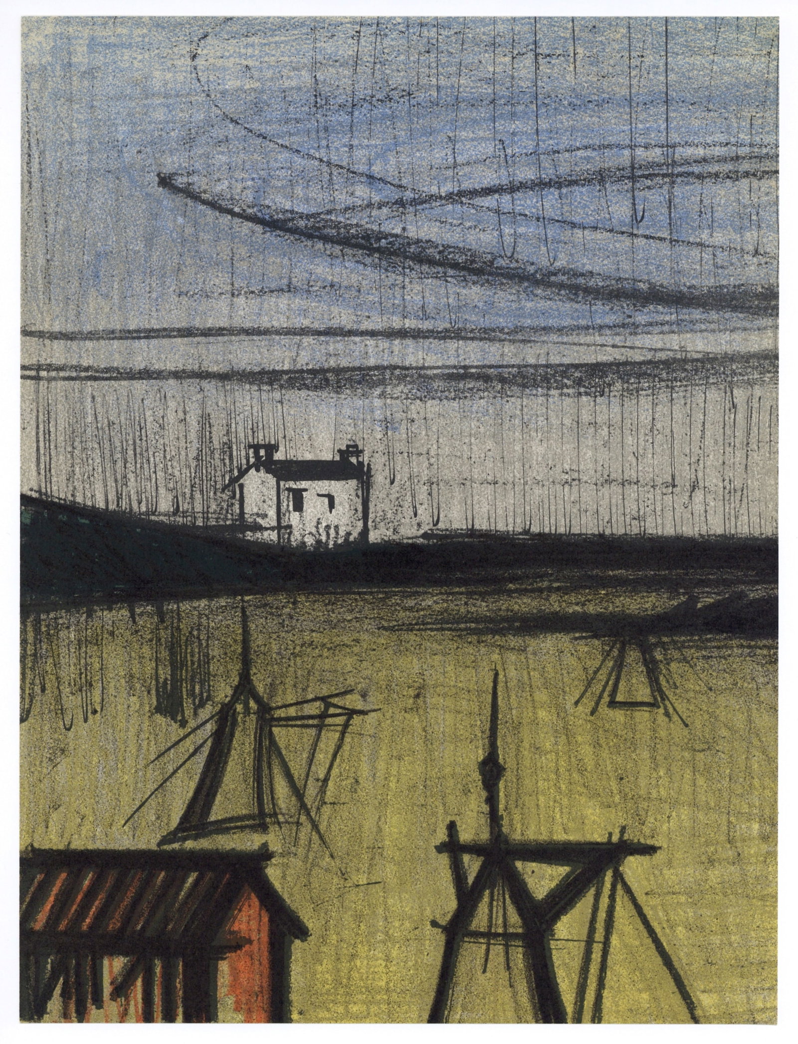 Bernard Buffet original lithograph "A Small Beach": Title: Bernard Buffet original lithograph "A Small Beach" Description: Medium: original lithograph. Printed in Paris in 1968 by the Mourlot Freres atelier for the back cover of the Mourlot catalogue