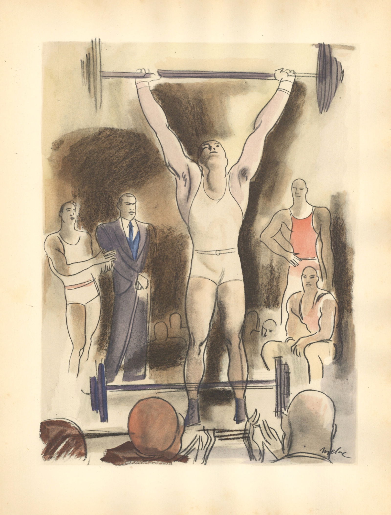 Milivoj Uzelac pochoir "Les Poids et Halteres" Les Joies du Sport: Title: Milivoj Uzelac pochoir "Les Poids et Halteres" Les Joies du Sport Description: Medium: pochoir. Printed in Paris in 1932 on Velin du Marais paper at the atelier of Daniel Jacomet for the Les