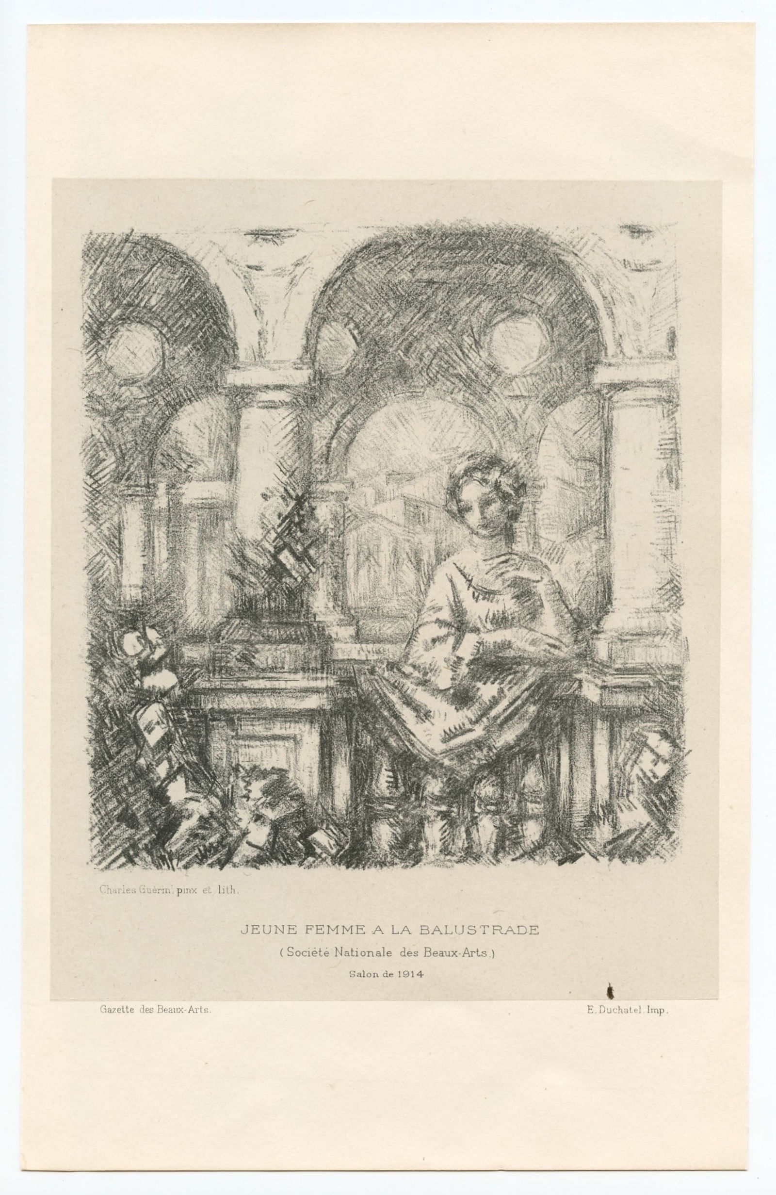 Charles Guerin original lithograph "Jeune femme a la balustrade": Title: Charles Guerin original lithograph "Jeune femme a la balustrade" Description: Medium: original lithograph. Printed in 1914 on chine-colle paper by E. Duchatel and published in Paris by Gazette
