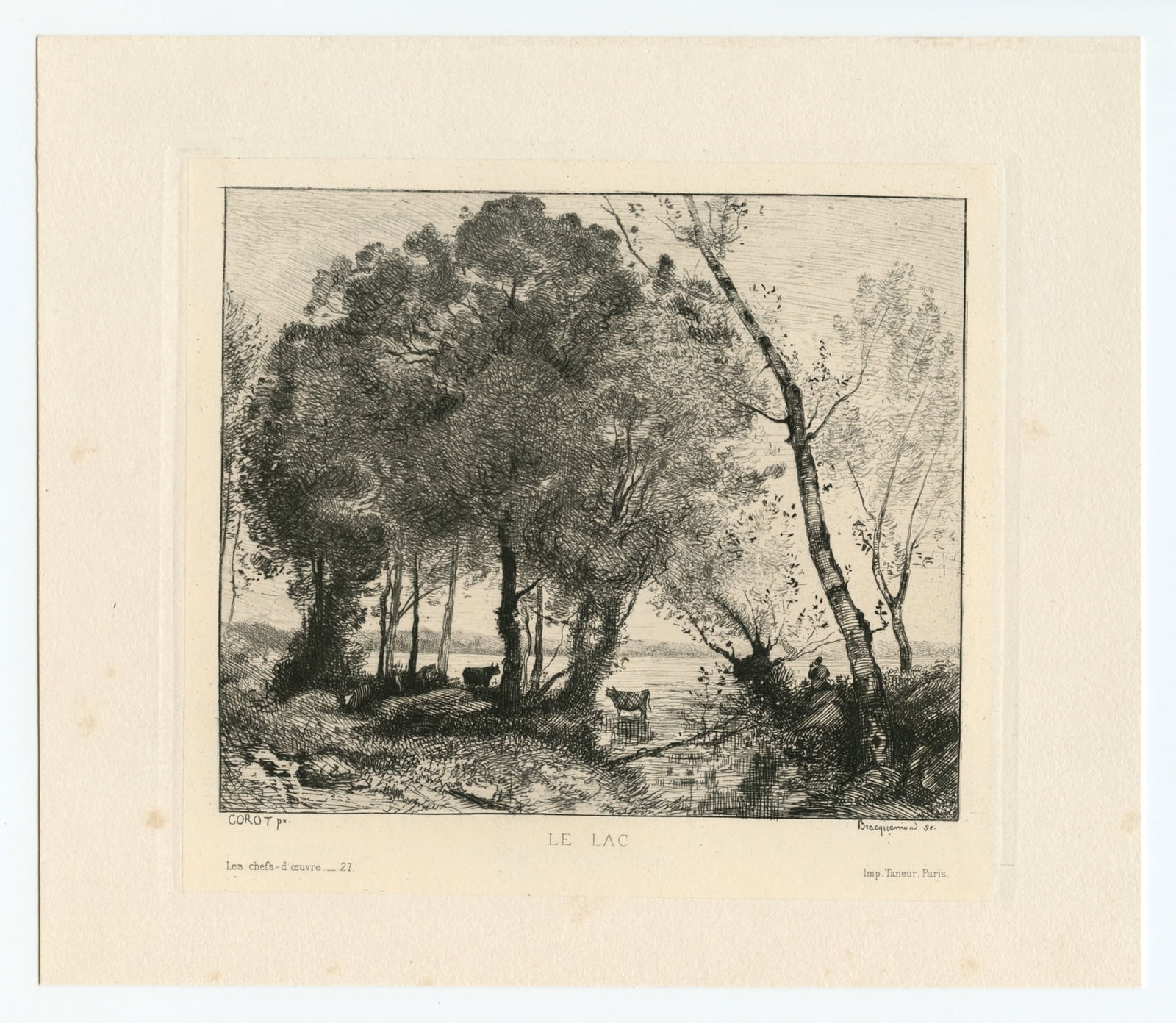 Jean-Baptiste Corot etching "Le Lac": Title: Jean-Baptiste Corot etching "Le Lac" Description: Medium: etching. Etched by Felix Bracquemond after Corot. This impression on chine-collé paper was printed in Paris by Taneur and