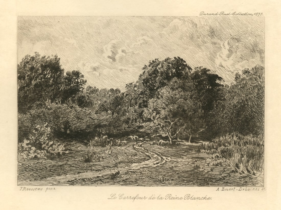 Theodore Rousseau "Le Carrefour de la Reine Blanche" etching: Title: Theodore Rousseau "Le Carrefour de la Reine Blanche" etching Description: Medium: etching. Etched by Alfred Brunet-Debaines after Rousseau and published in 1890 in an edition of 200 and
