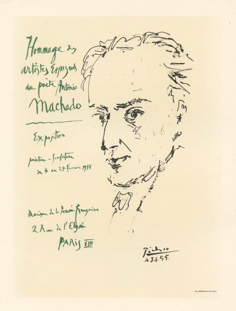 Pablo Picasso lithograph poster "Hommage a Antonio Machado": Title: Pablo Picasso lithograph poster "Hommage a Antonio Machado" Description: Medium: lithograph (after the original lithograph poster). During the late 1940's and throughout the 1950's, Picasso cre