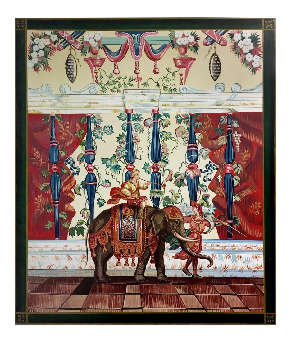 Vintage Hand Painted French Tapestry on Canvas "Indian Elephant": Vintage hand painted French tapestry on canvas penal with Indian elephant. Princess riding on Elephant with Colorful background lead to happiness. Condition: Alterations: Original Condition
