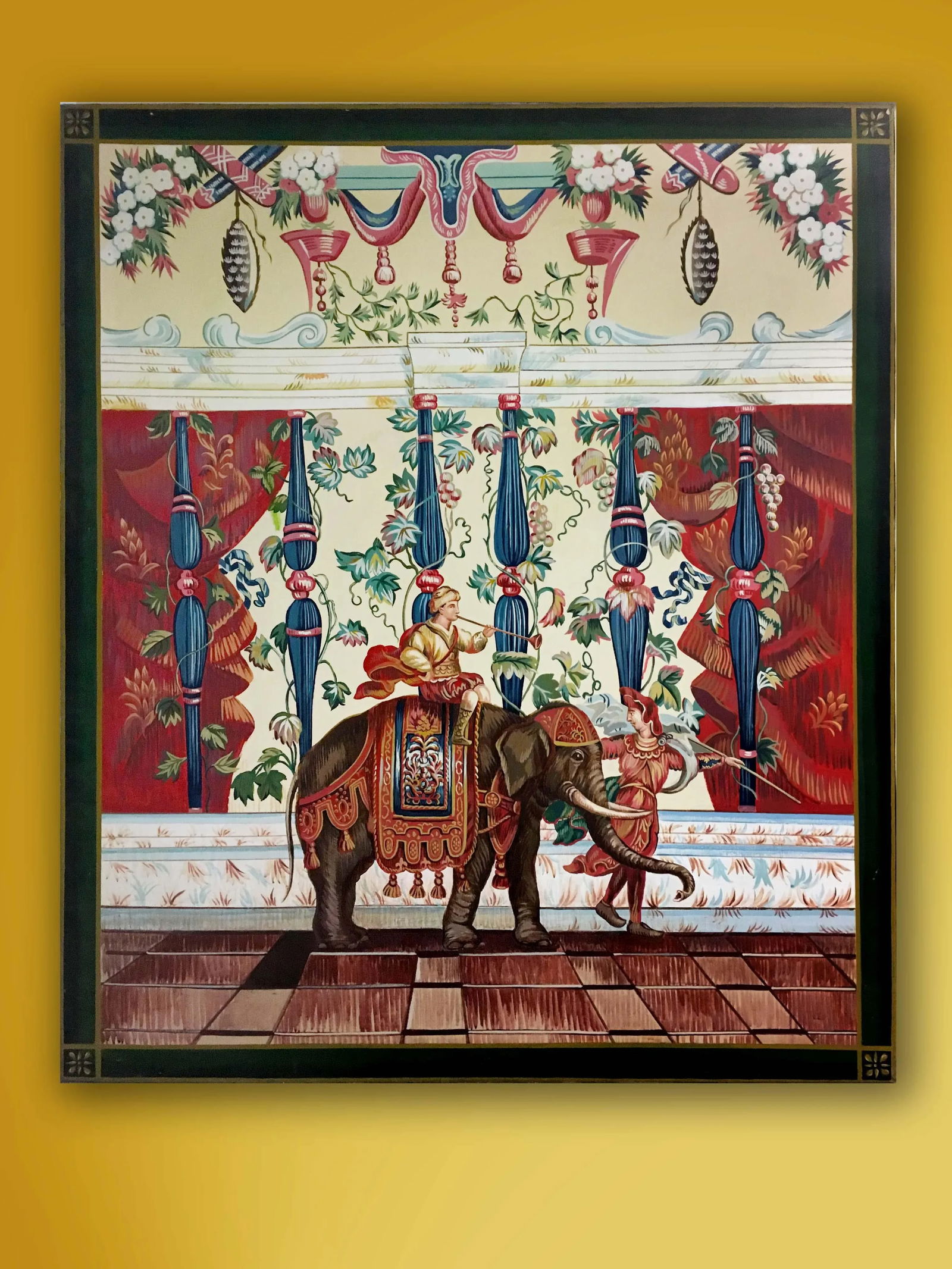 Vintage Hand Painted French Tapestry on Canvas "Indian Elephant" - 5