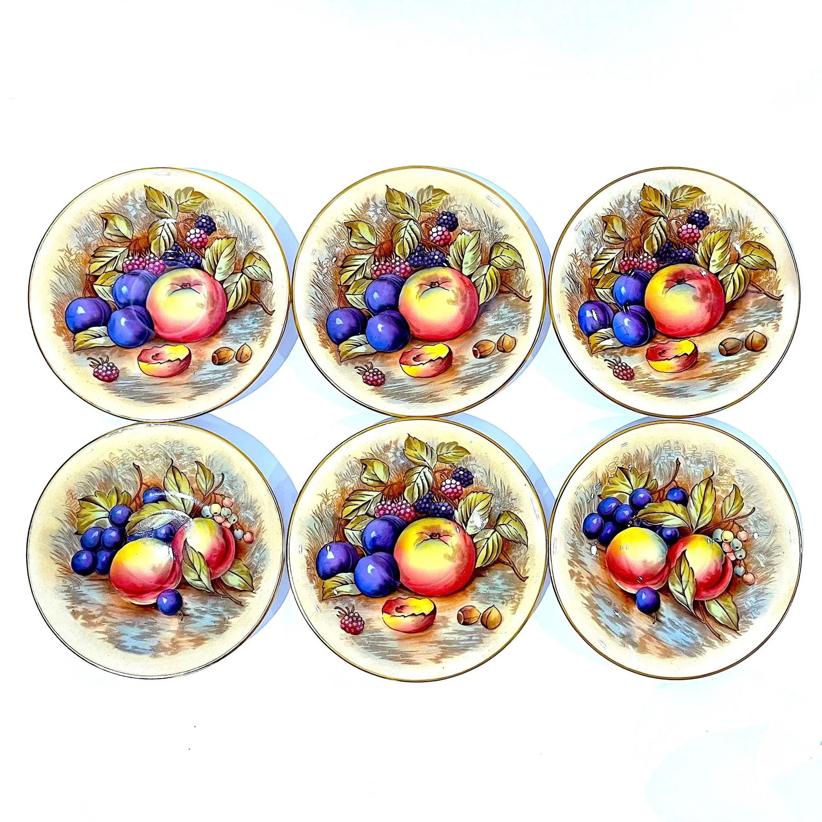 Aynsley Orchard Fruit Gold Tea Cups & Saucers - Hand-Painted - Set of Six Pairs (12 Total) - 11