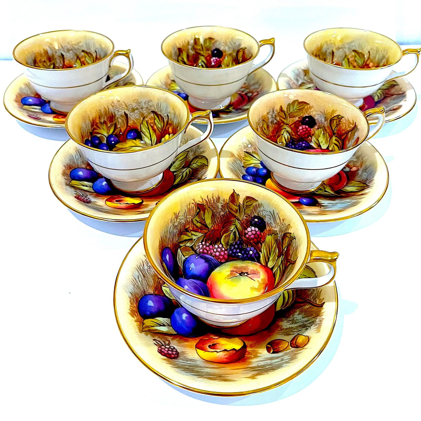 Aynsley Orchard Fruit Gold Tea Cups & Saucers - Hand-Painted - Set of Six Pairs (12 Total) - 13