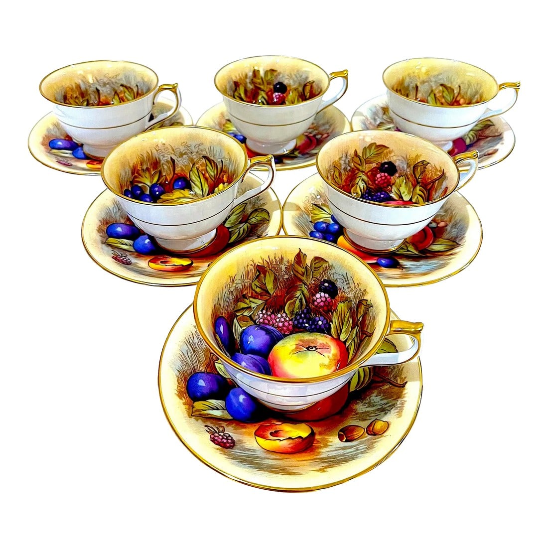 Aynsley Orchard Fruit Gold Tea Cups & Saucers - Hand-Painted - Set of Six Pairs (12 Total): First introduced in the 1930's - the Aynsley fine bone china "Orchard Fruit Gold" pattern has long been considered their finest. Highly collected - four cups and four saucers feature a design with