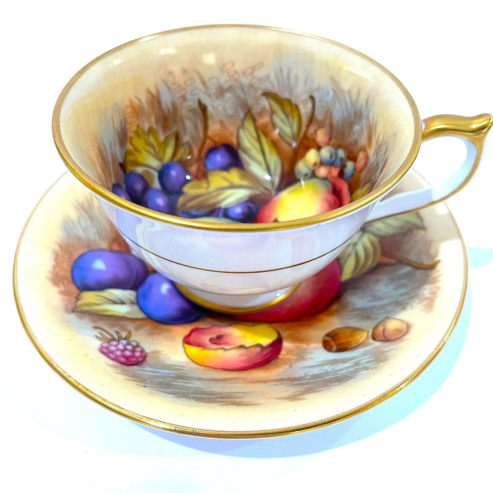 Aynsley Orchard Fruit Gold Tea Cups & Saucers - Hand-Painted - Set of Six Pairs (12 Total) - 2