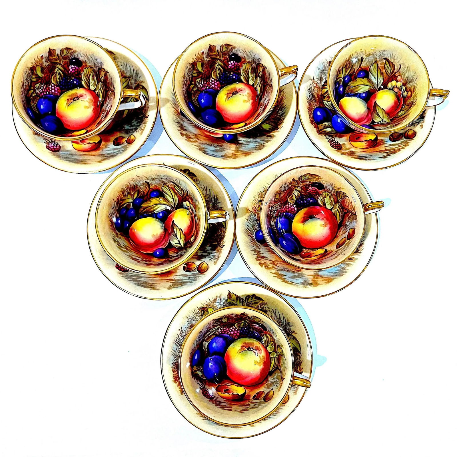 Aynsley Orchard Fruit Gold Tea Cups & Saucers - Hand-Painted - Set of Six Pairs (12 Total) - 3