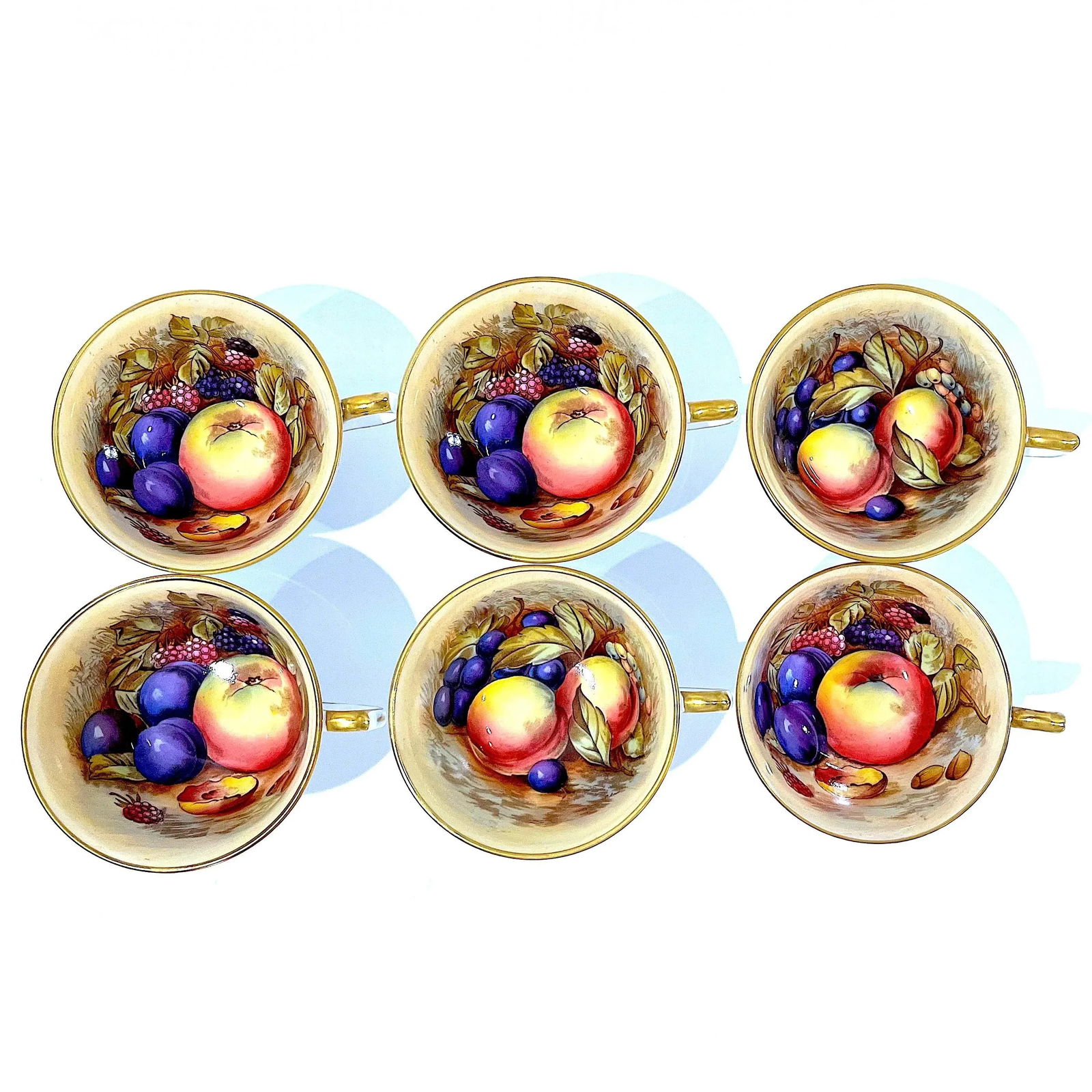 Aynsley Orchard Fruit Gold Tea Cups & Saucers - Hand-Painted - Set of Six Pairs (12 Total) - 6