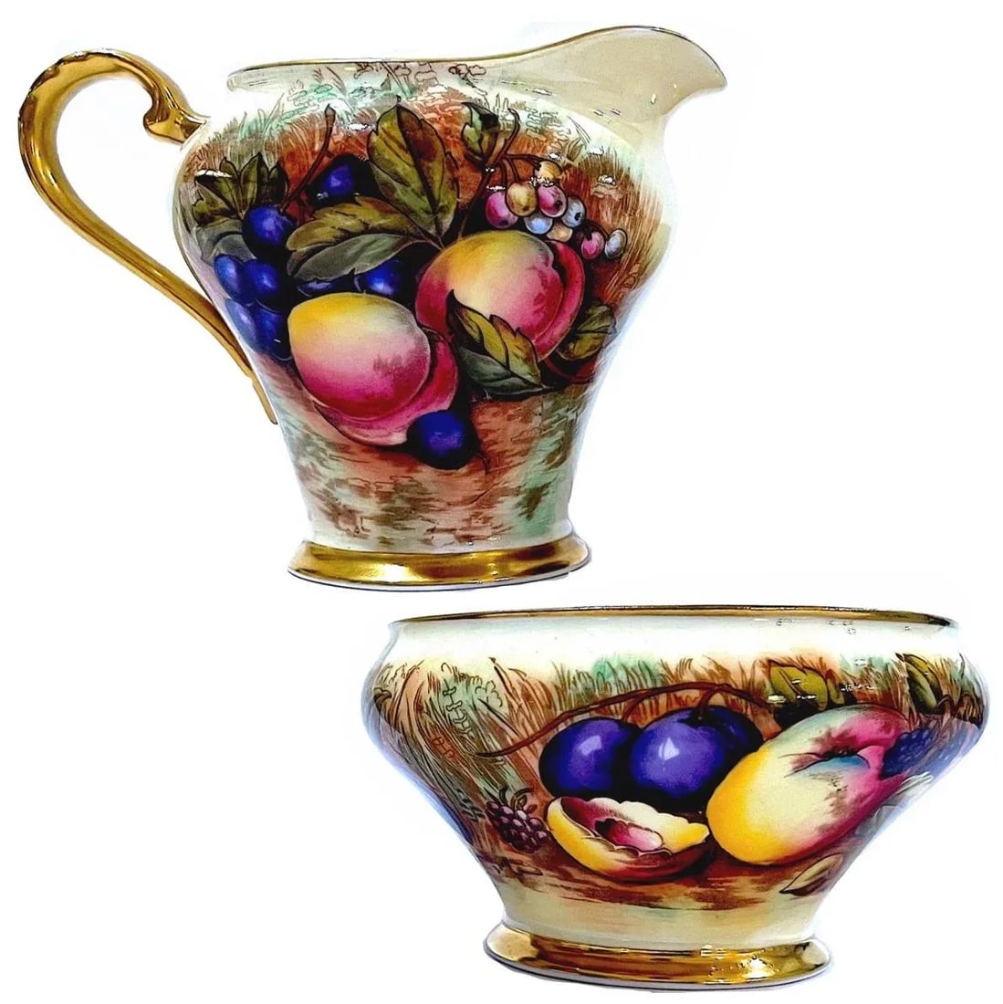 Aynsley Orchard Fruit Gold Open Sugar & Creamer Pitcher - Hand-Painted - Pair - 13