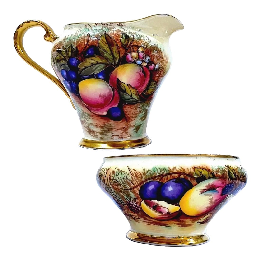 Aynsley Orchard Fruit Gold Open Sugar & Creamer Pitcher - Hand-Painted - Pair: First introduced in the 1930's - the Aynsley fine bone china "Orchard Fruit Gold" pattern has long been considered their finest. Highly collected this open sugar and creamer feature 24 carat gold