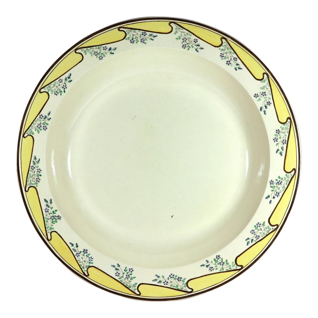 Massive English Creamware Pottery Yellow & Botanical Basin, Shorthose & Heath: Monumental Staffordshire: Massive Shorthose & Heath Creamware "Botanical" Dish Circa. 1795–1815 A magnificent and monumental English creamware basin, notable for its exceptional 17-inch