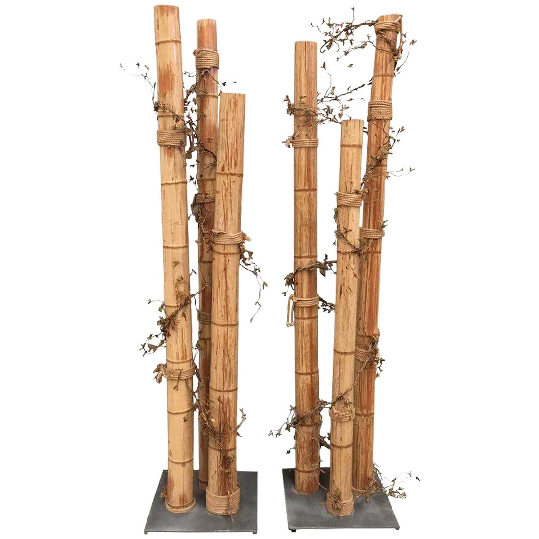 Pair of 20th Century Asian Decorated Columns With Vines, Leaves: About The tall columns have a sturdy square base . Each column is decorated with a wine theme that includes leaves and vines. Both pieces are outfitted with their original finish, and would make