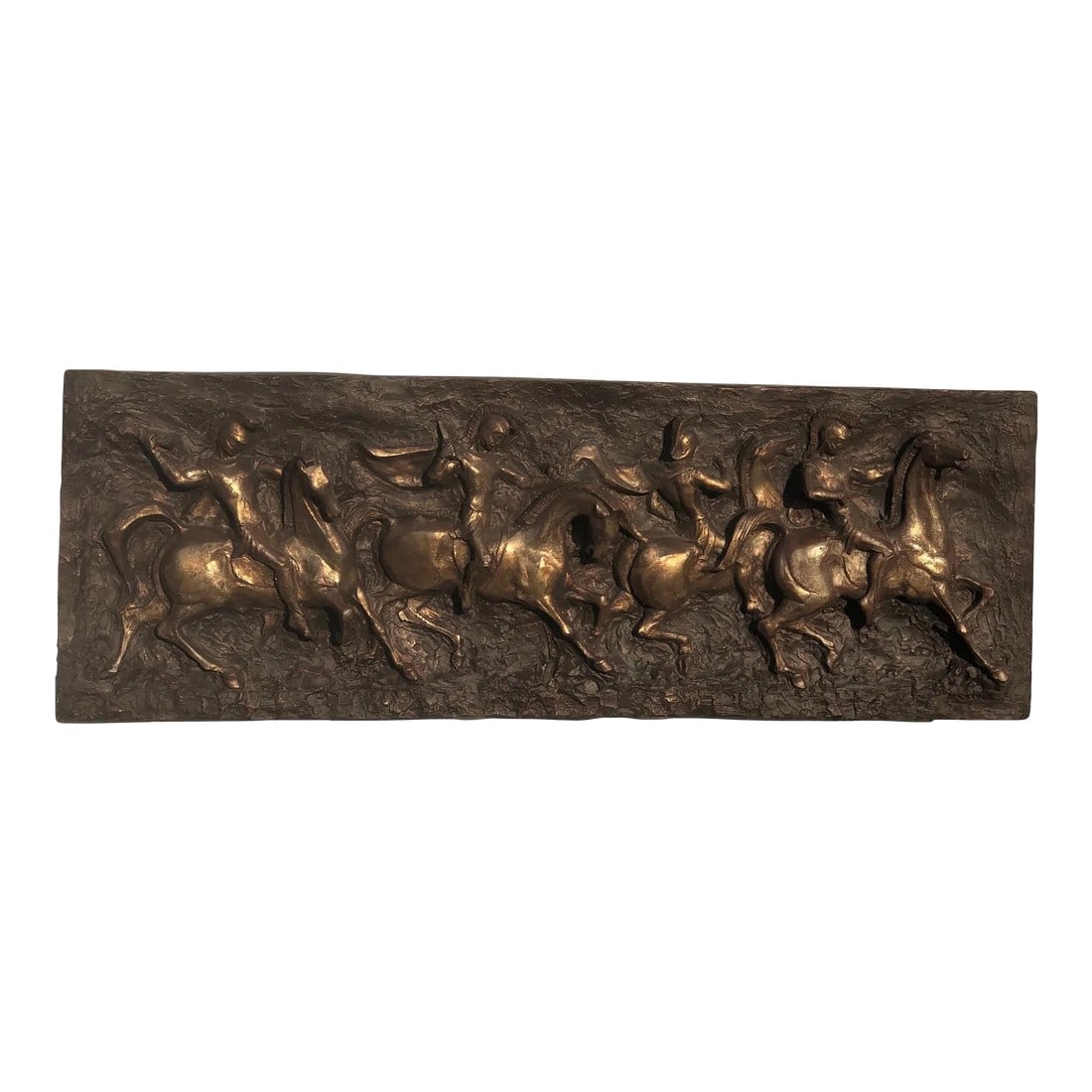 1970s Wall Sculpture of Roman Soldiers on Horseback, Moving Toward Battle by Juan Garcia Segura Four: A beautiful, Mid Century Modern , Brutalist wall sculpture by Juan Garcia Segura for Finesse. A large, three-dimensional fiberglass wall sculpture with Roman soldiers ready for battle on horseback. Ve