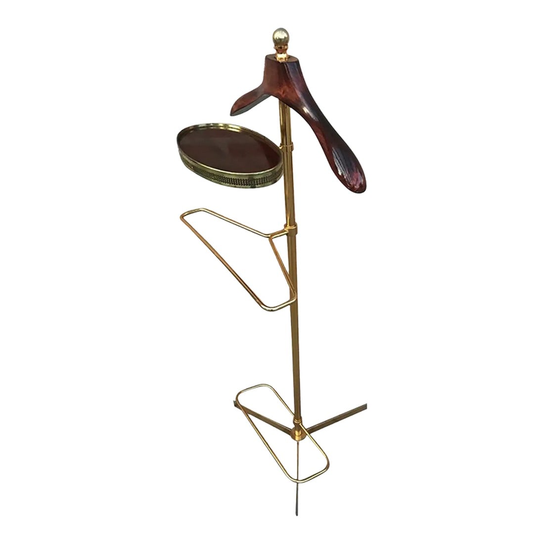 1970s Italian Hollywood Regency Brass and Wood Valet Stand Dressboy With Mirror: Vintage 1970s Italian brass and wood dressboy valet stand, with Classic carved column and pedestals. A great piece that perfectly adds to every home decor the typical glitz, glamour, and gold of
