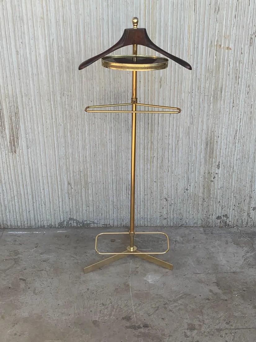 1970s Italian Hollywood Regency Brass and Wood Valet Stand Dressboy With Mirror - 2