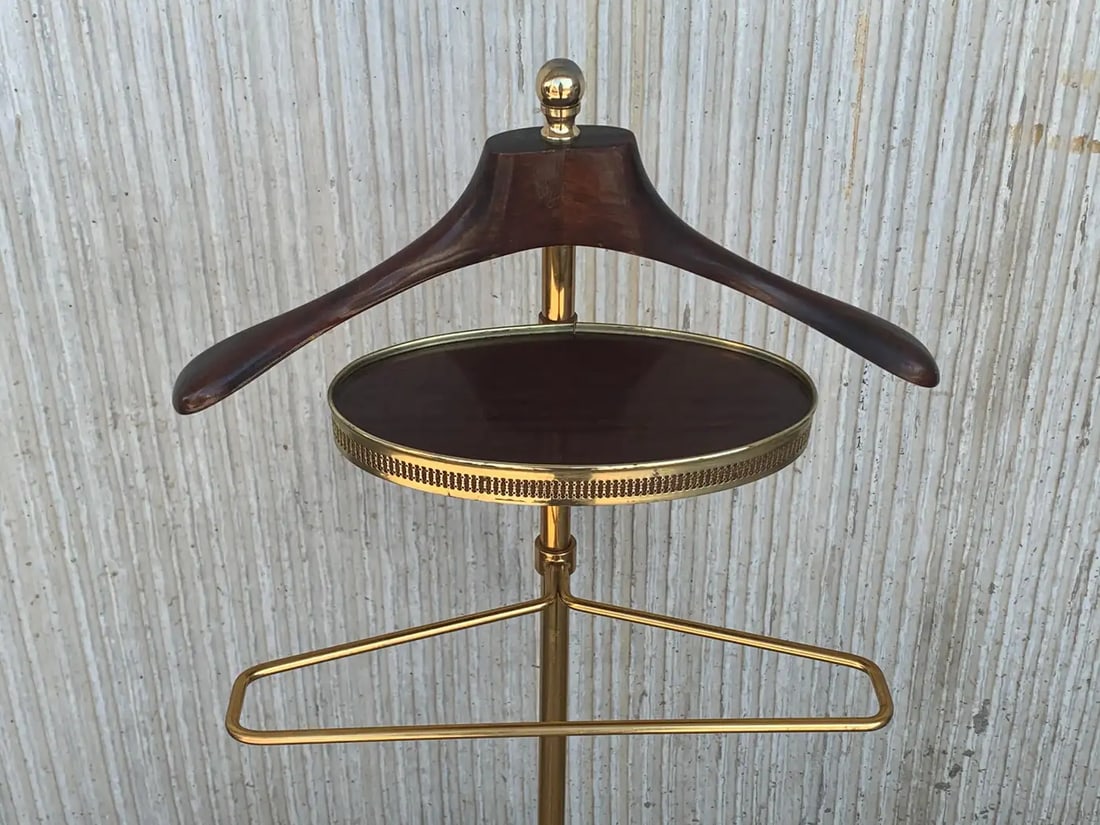1970s Italian Hollywood Regency Brass and Wood Valet Stand Dressboy With Mirror - 7