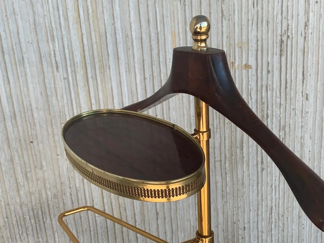 1970s Italian Hollywood Regency Brass and Wood Valet Stand Dressboy With Mirror - 8