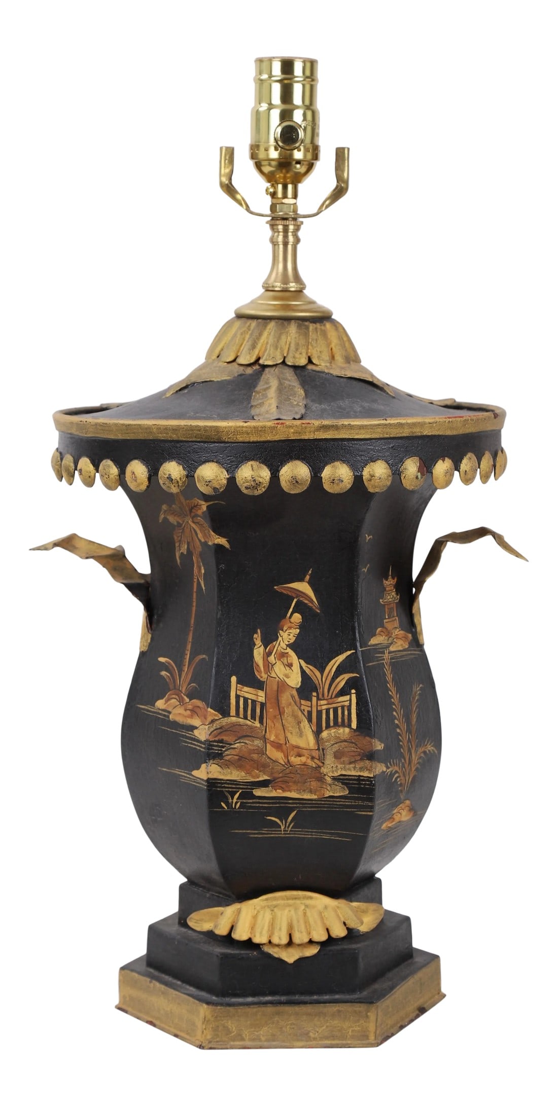 20th Century Chinese 3d Design Pagoda Lamp: Vintage Chinese pagoda lamp in 3D design, Golden standouted toes on stand, spreaded out leaves on two sided, and golden royal king crown design on top, and woman with unbrella in garden, pagoda and