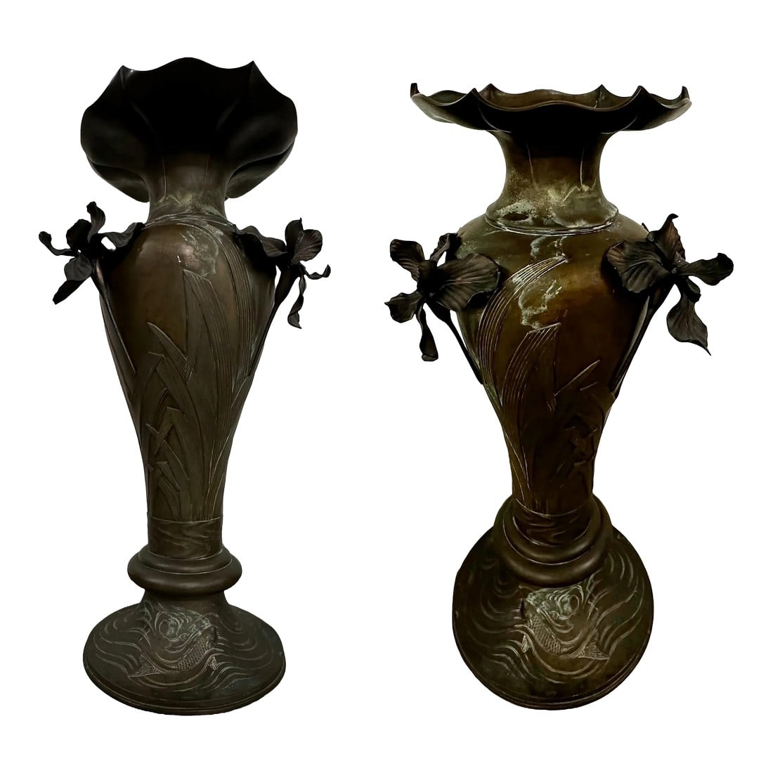 Pair of Antique Monumental Bronze Vases With Iris Motif and Koi Fish Detailing at Bases: A striking pair of monumental bronze art nouveau French bronze vases with iris's details and intricate Koi fish bases. This pair is stunning and would make a grand statement in any space. 