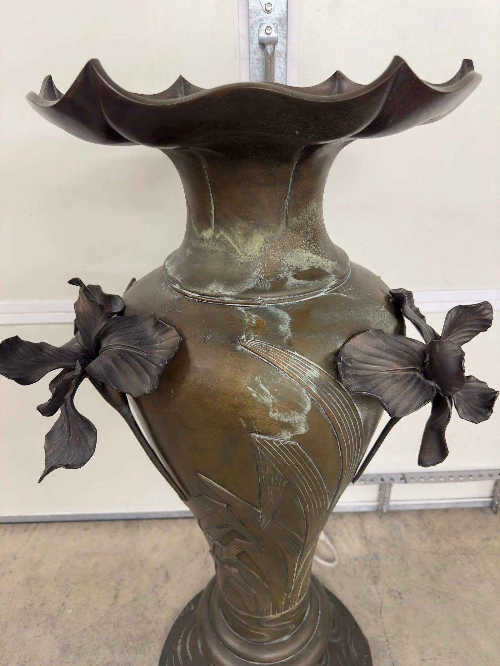 Pair of Antique Monumental Bronze Vases With Iris Motif and Koi Fish Detailing at Bases - 2