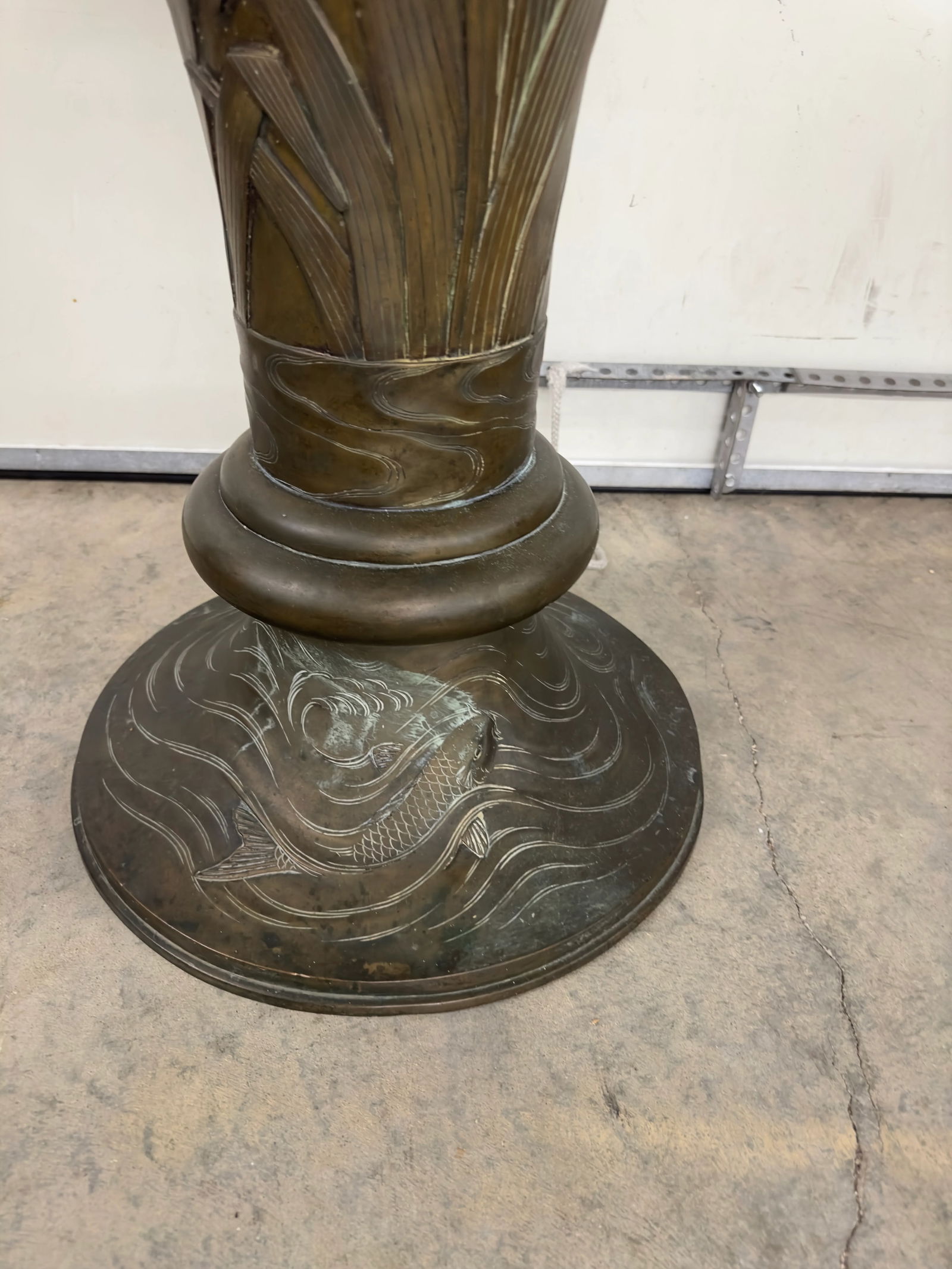Pair of Antique Monumental Bronze Vases With Iris Motif and Koi Fish Detailing at Bases - 3