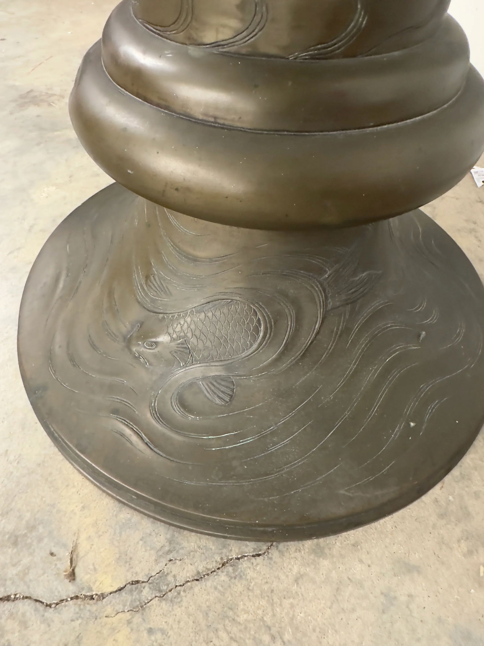 Pair of Antique Monumental Bronze Vases With Iris Motif and Koi Fish Detailing at Bases - 4