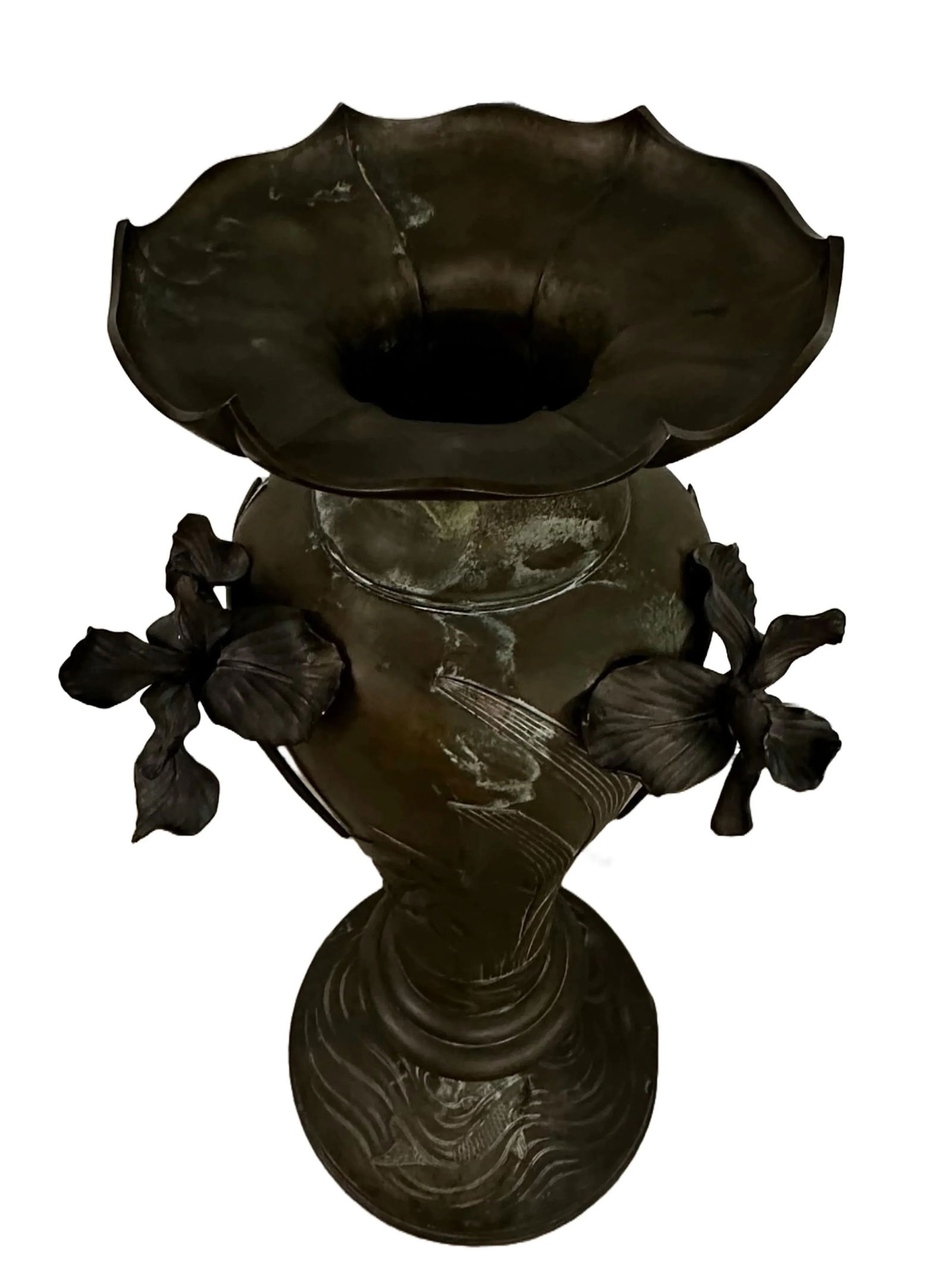 Pair of Antique Monumental Bronze Vases With Iris Motif and Koi Fish Detailing at Bases - 7