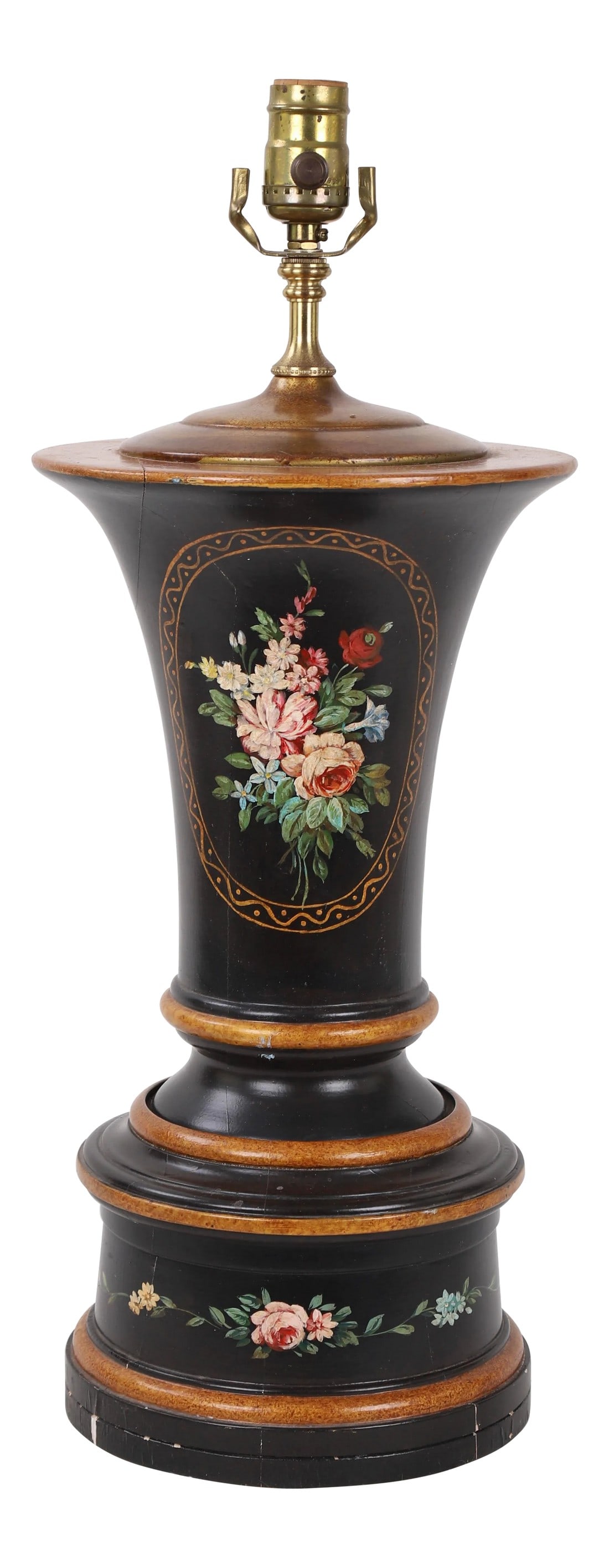 Hand Painted Rose & Leave Wooden Urn Lamp With Ochre Details: Painted Roses and leave framed in a tribal ochre ring on a wooden Urn lamp glazed in ochre and black glazes. Cracks on top and on base. Condition: Imperfections: Some Imperfections Condition