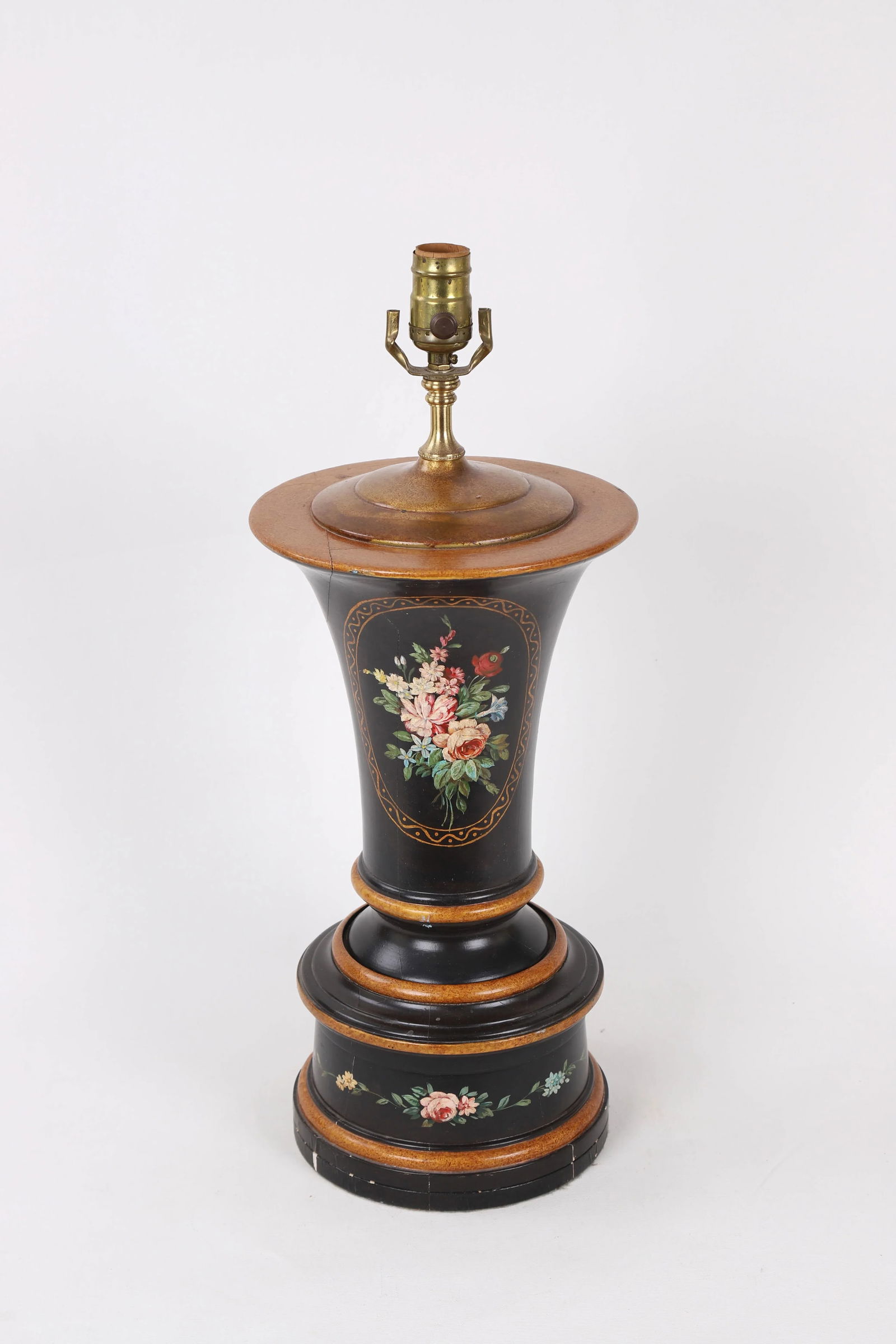 Hand Painted Rose & Leave Wooden Urn Lamp With Ochre Details - 2