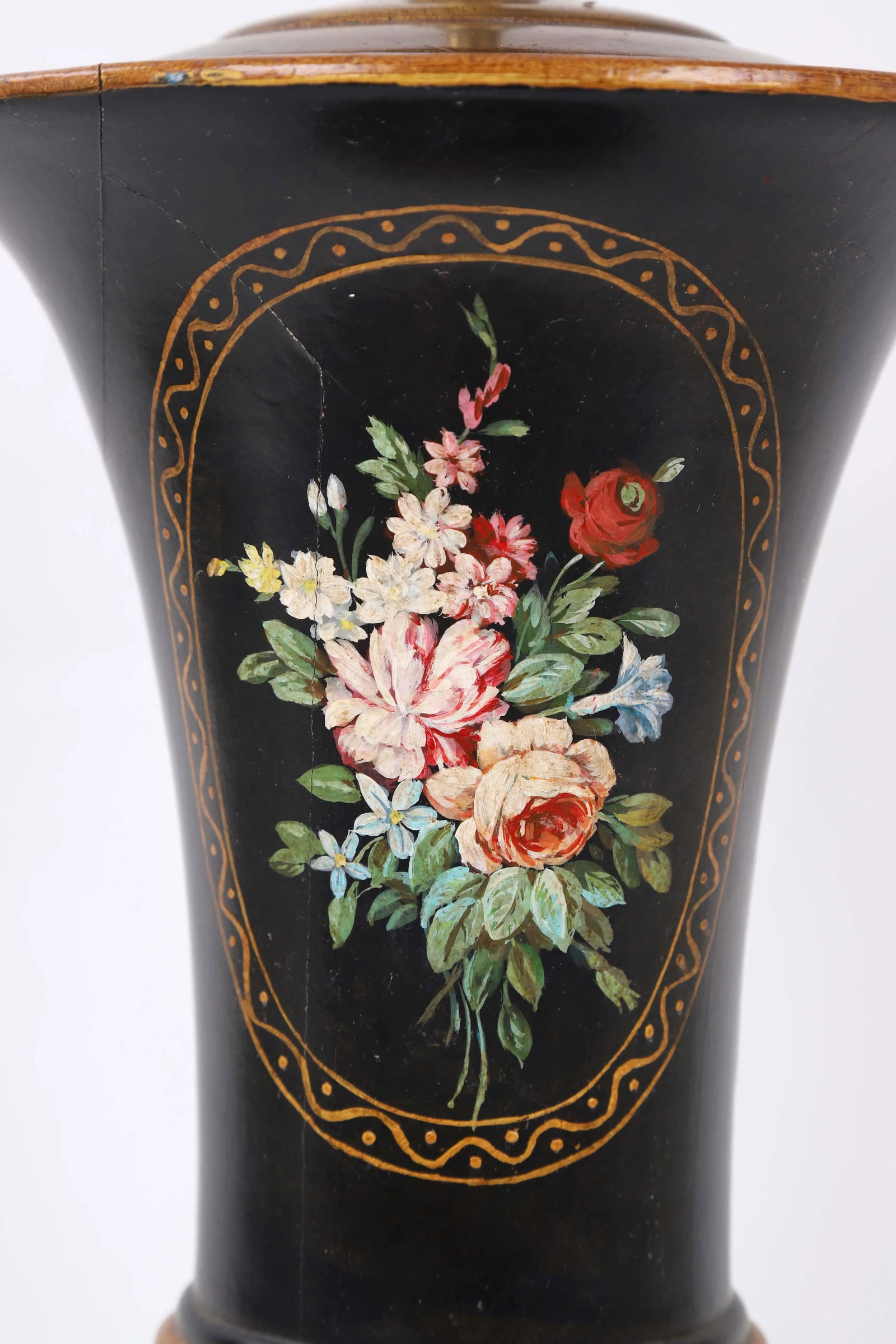 Hand Painted Rose & Leave Wooden Urn Lamp With Ochre Details - 3
