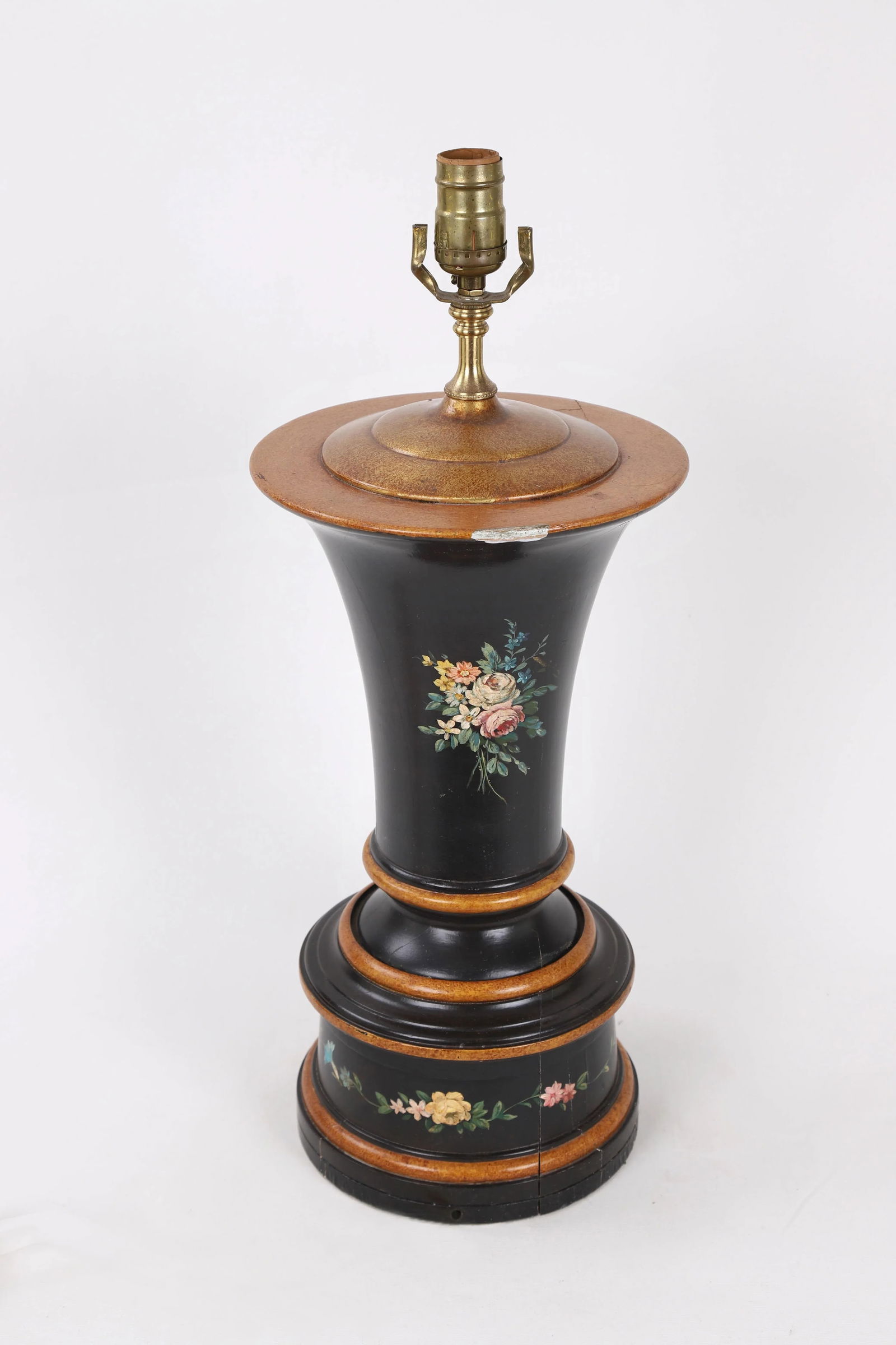 Hand Painted Rose & Leave Wooden Urn Lamp With Ochre Details - 6