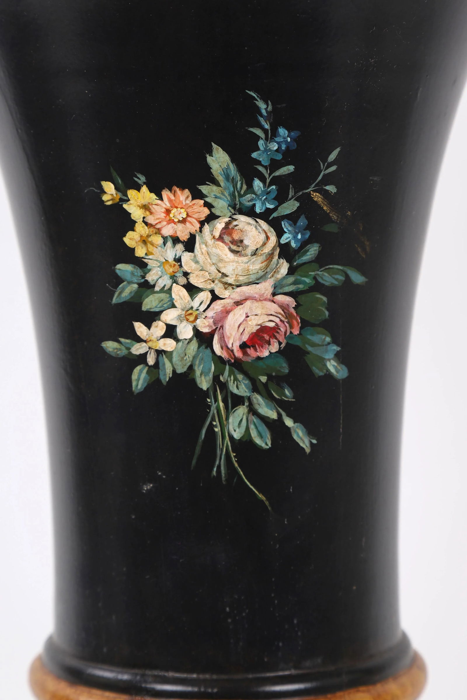 Hand Painted Rose & Leave Wooden Urn Lamp With Ochre Details - 7