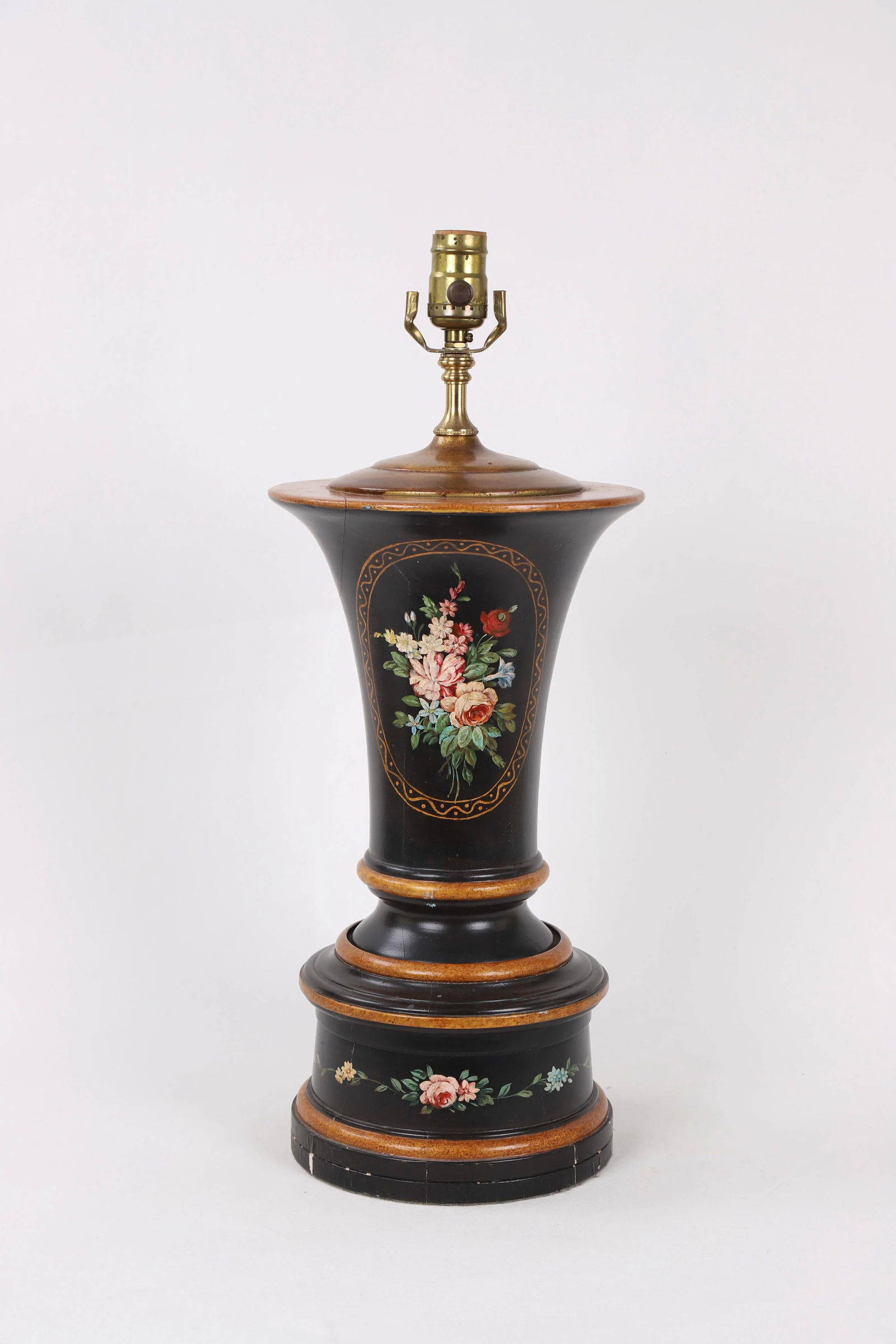 Hand Painted Rose & Leave Wooden Urn Lamp With Ochre Details - 9