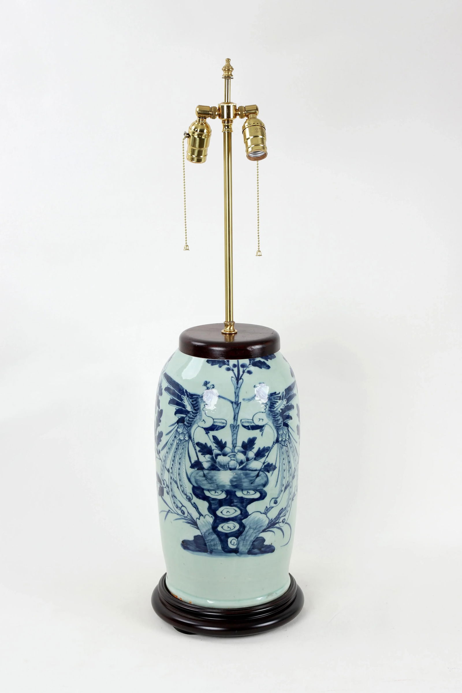 19 Century Double Bulb Pull Chain Celadon Blue and White Bird Motif Porcelain Lamp - 2