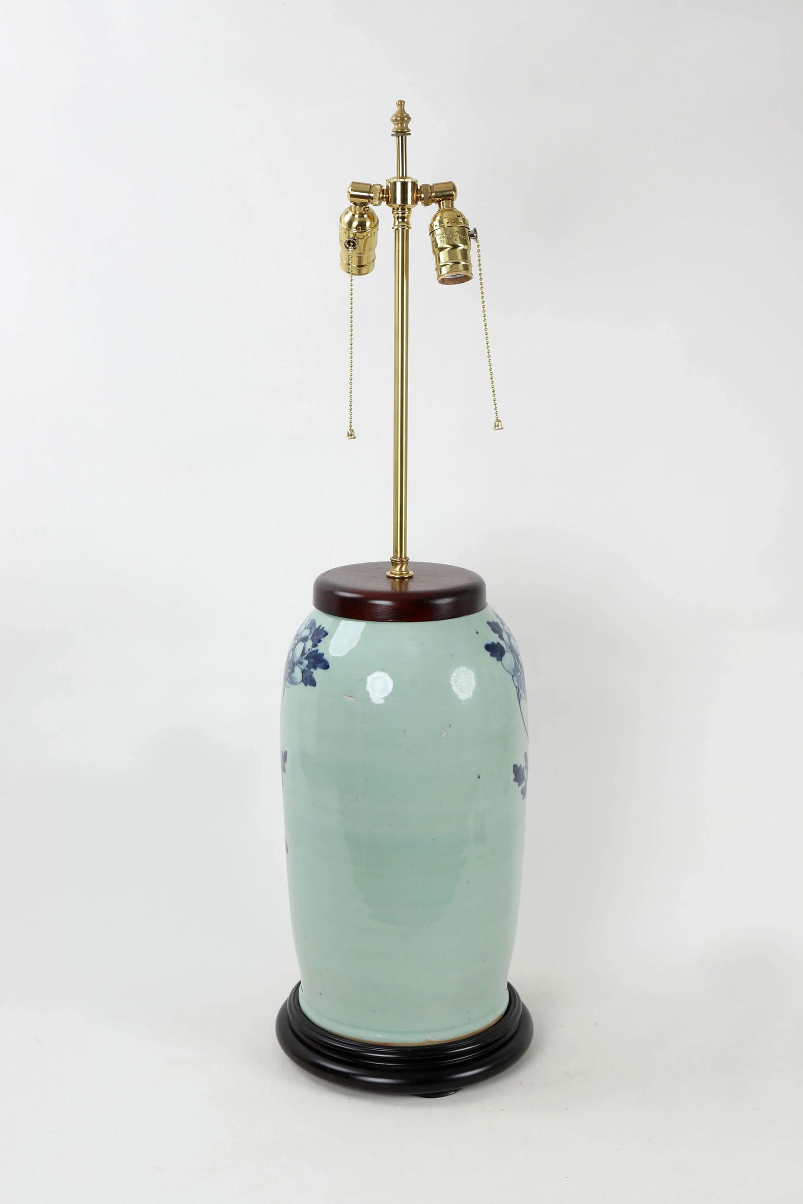 19 Century Double Bulb Pull Chain Celadon Blue and White Bird Motif Porcelain Lamp - 6