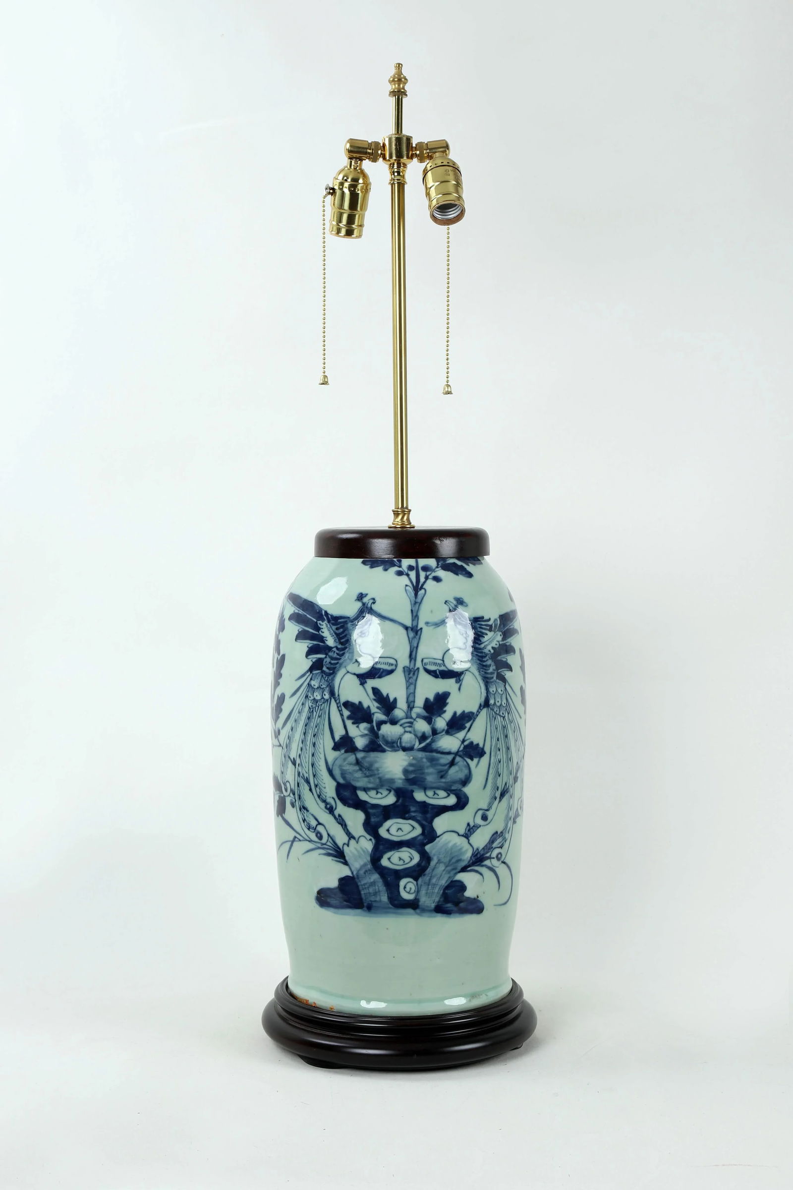 19 Century Double Bulb Pull Chain Celadon Blue and White Bird Motif Porcelain Lamp - 8