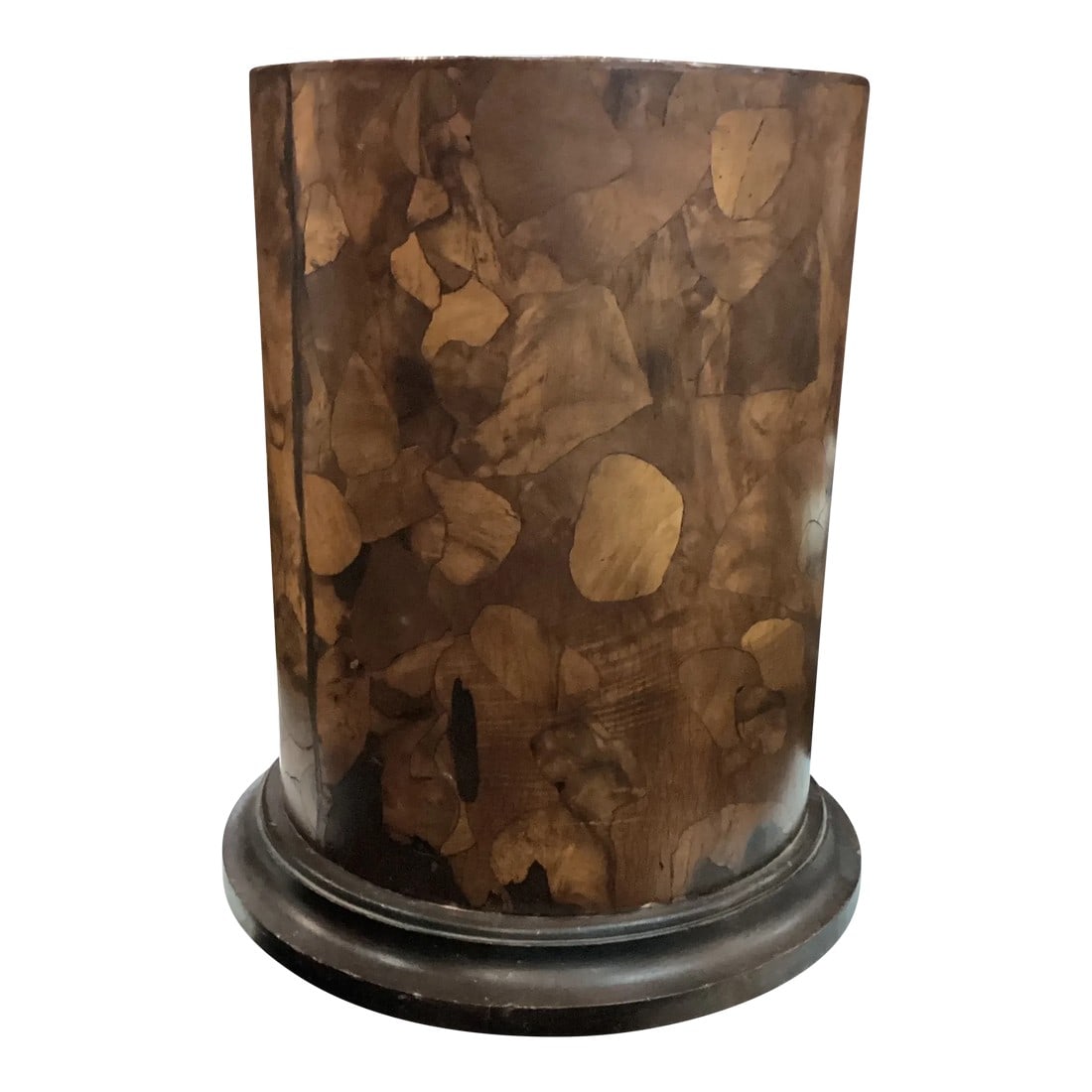 Mid 20th Century Short Solid Wood Veneer Column: A sturdy and stout wood veneer side table from Europe - likely Italian. This small, heavy table would be perfect for drinks next to your favorite reading chair, or perhaps somewhere in the home as a