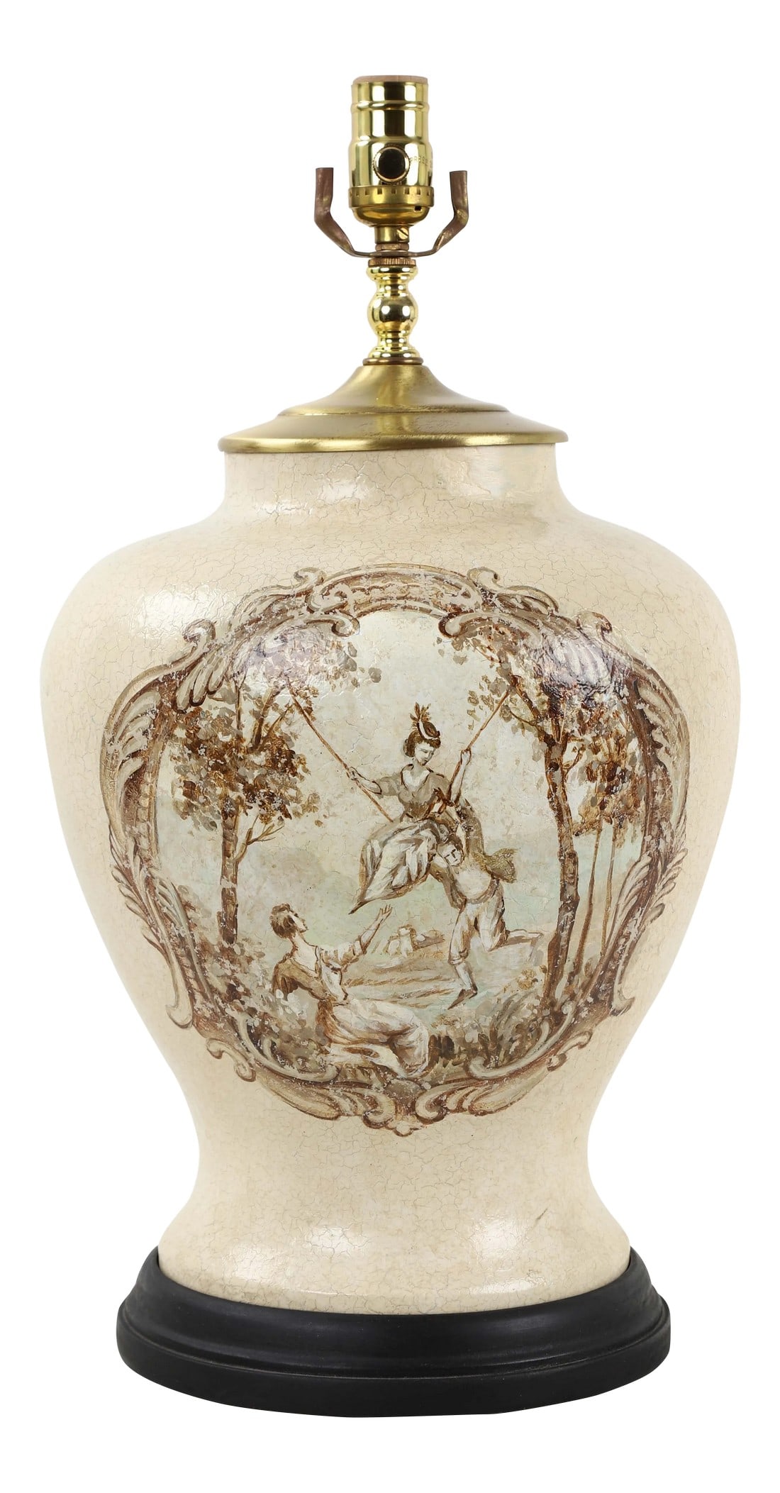 Vintage White Crackle Glaze Temple Jar Lamp With Reimagined "The Swing" by Fragonard: Reimagined scene of Fragonard's "Les Hasards heureux de l'escarpolette", this temple jar lamp features the similar "man pushes woman on swing while another man views from the bushes". A monochromatic
