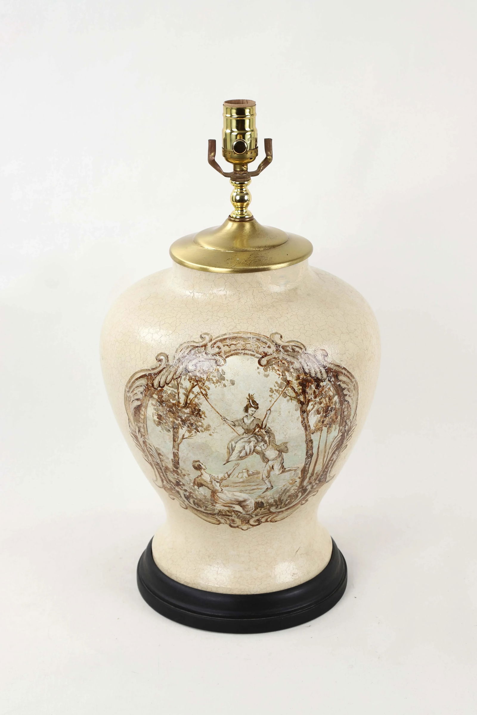 Vintage White Crackle Glaze Temple Jar Lamp With Reimagined "The Swing" by Fragonard - 2